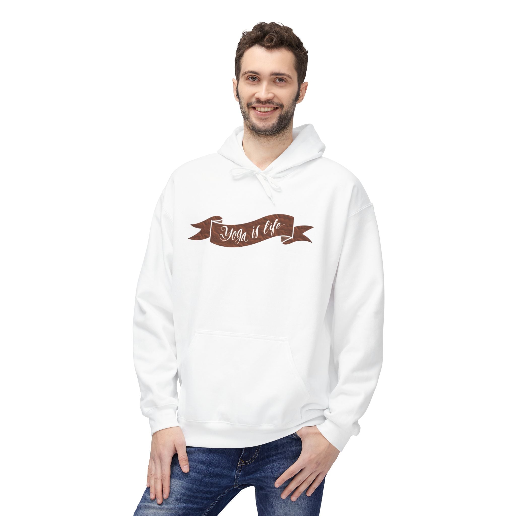 Cozy 'Yoga is Life' Script Hoodie — Rustic Brown Fleece Pullover