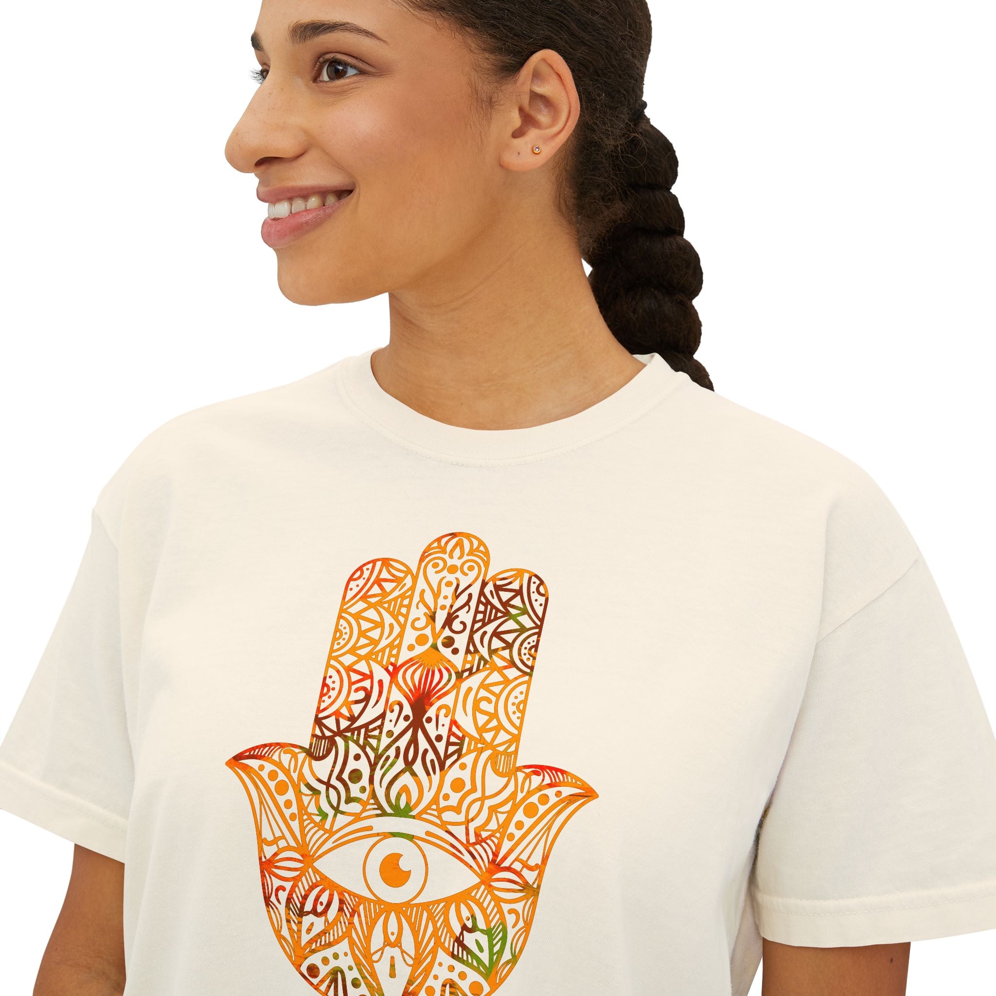Women's Boho Boxy Tee with Hamsa Design - Relaxed Fit, Spiritual Vibe