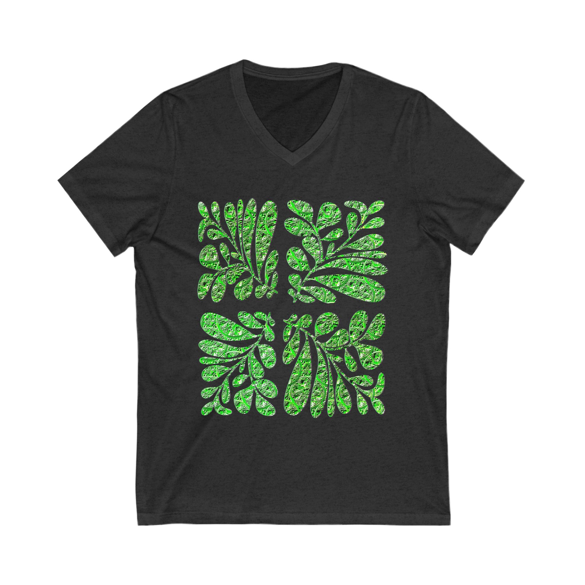 Tropical Green Leaves V-Neck Tee - Unisex Short Sleeve Shirt for Nature Lovers