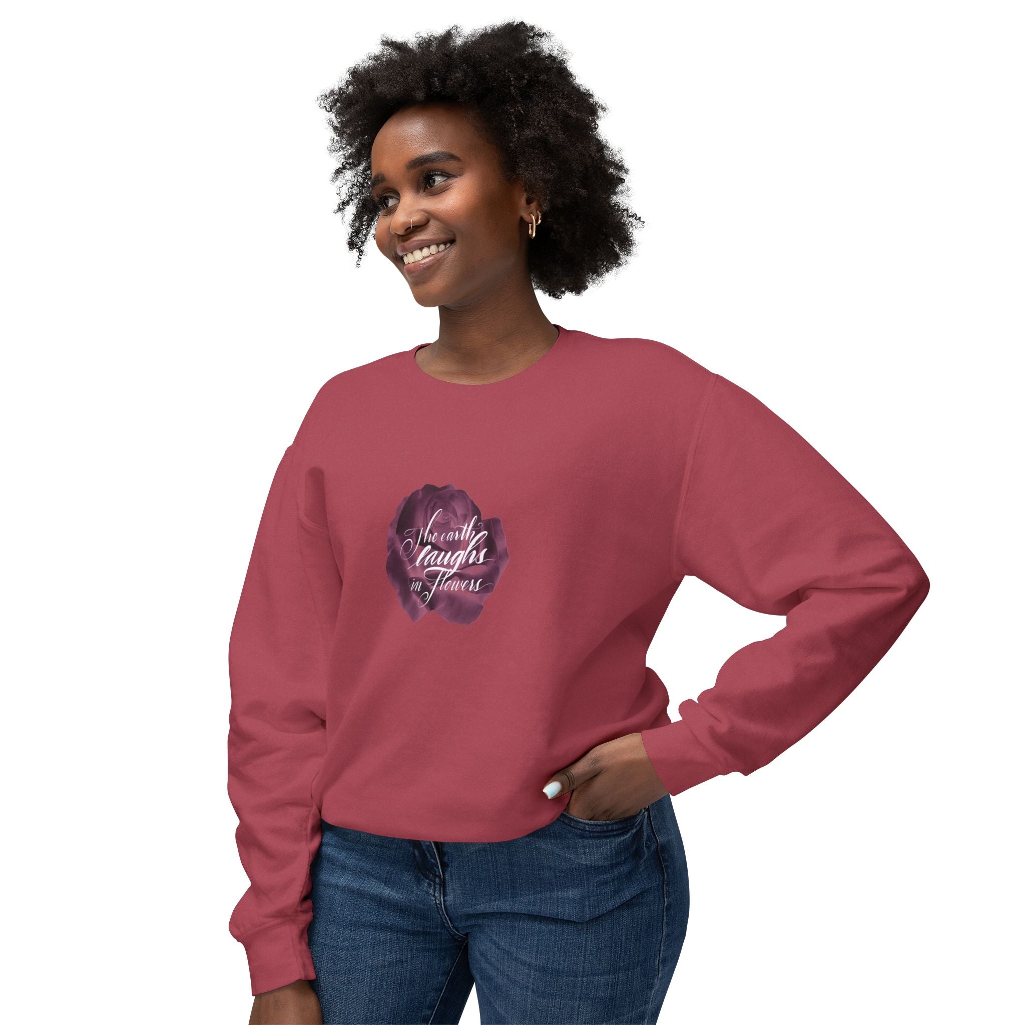 Crewneck Sweatshirt — 'The Earth Laughs in Flowers” Hand-written/Watercolor Circle Design