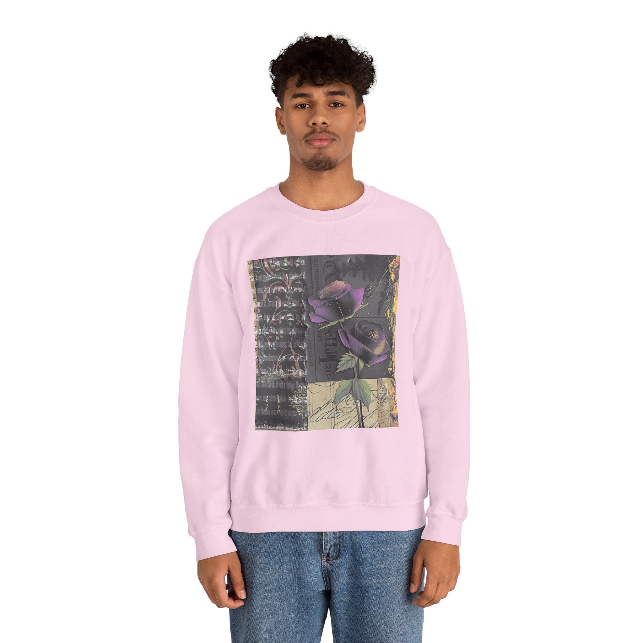 Crewneck Sweatshirt — Vintage Botanical Collage with Purple Roses