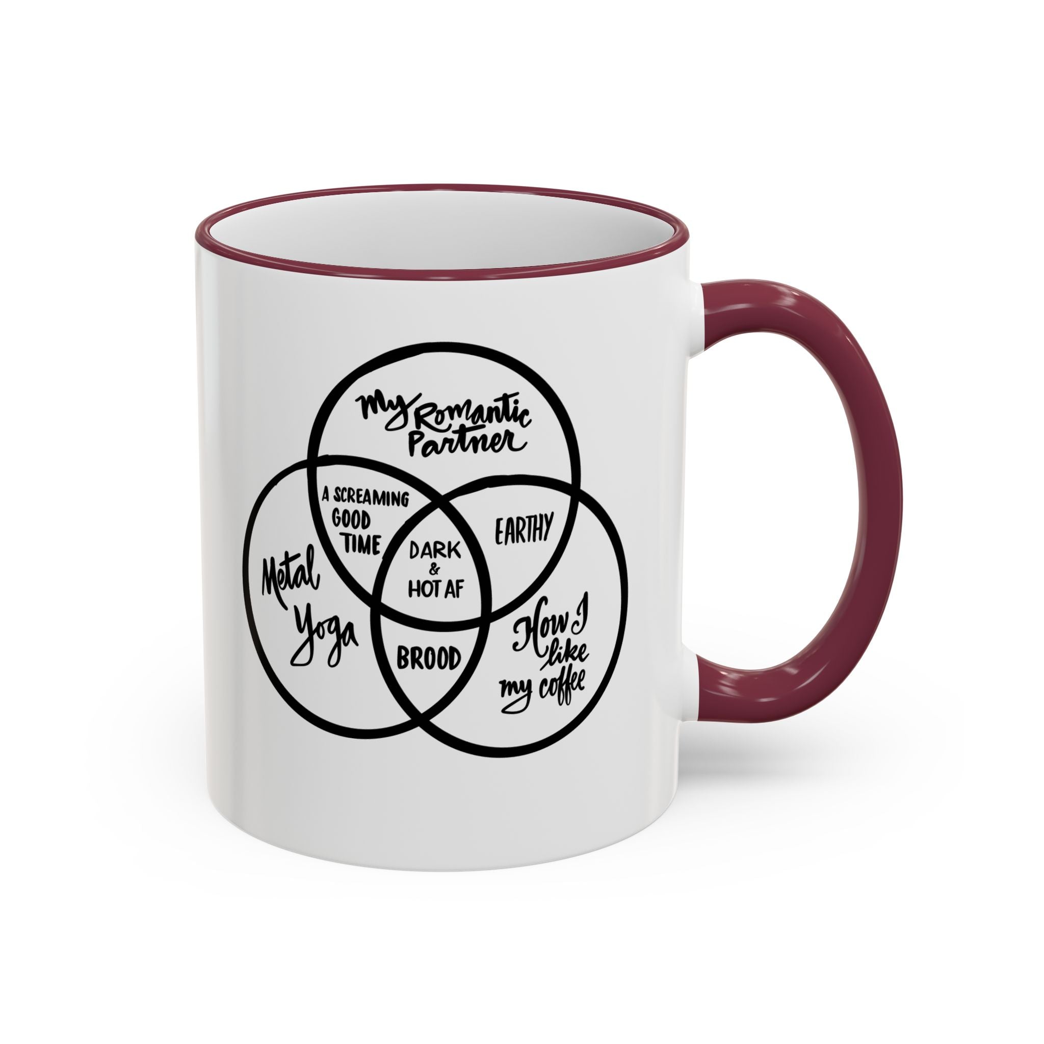 Metal Yoga Venn Diagram Mug — Funny Coffee Lover Accent Rim & Handle Mug (11oz/15oz)