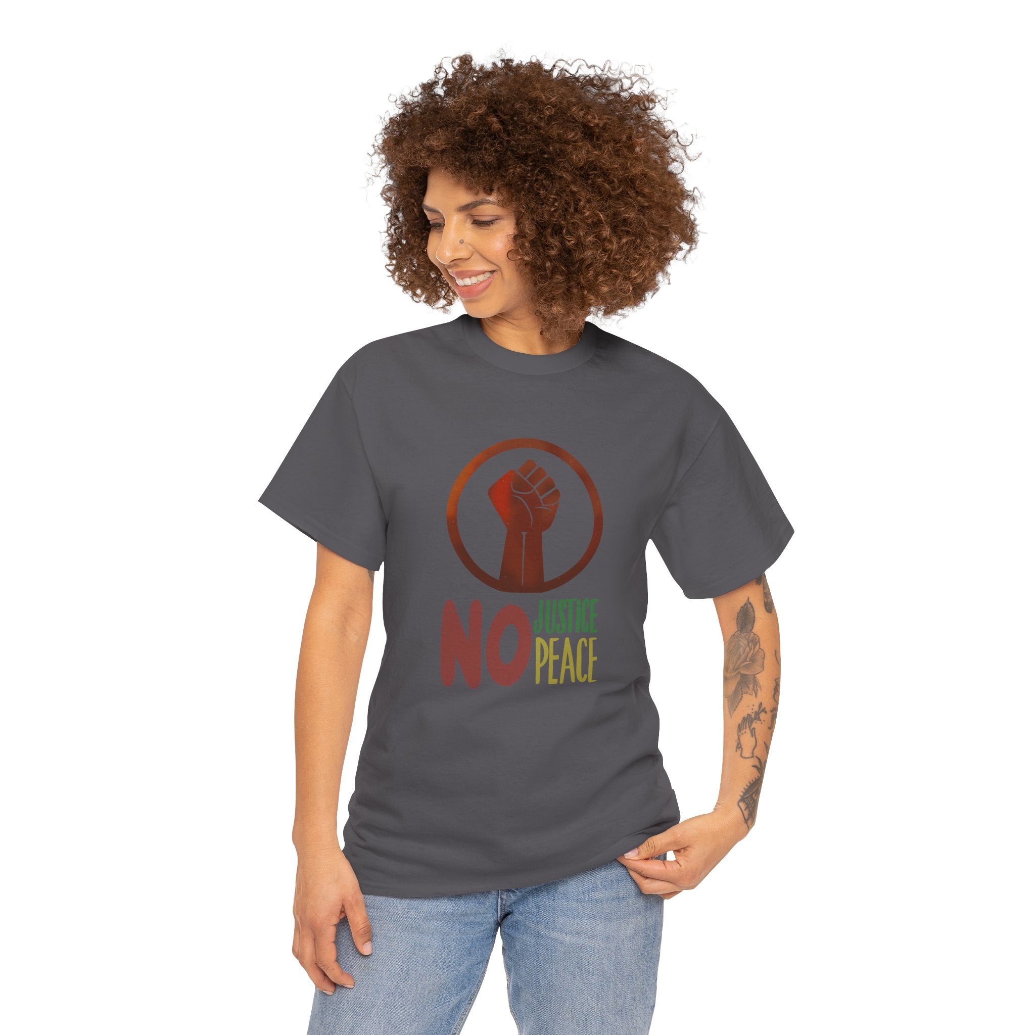No Justice No Peace T-Shirt — Hand-drawn Raised Fist Protest Tee