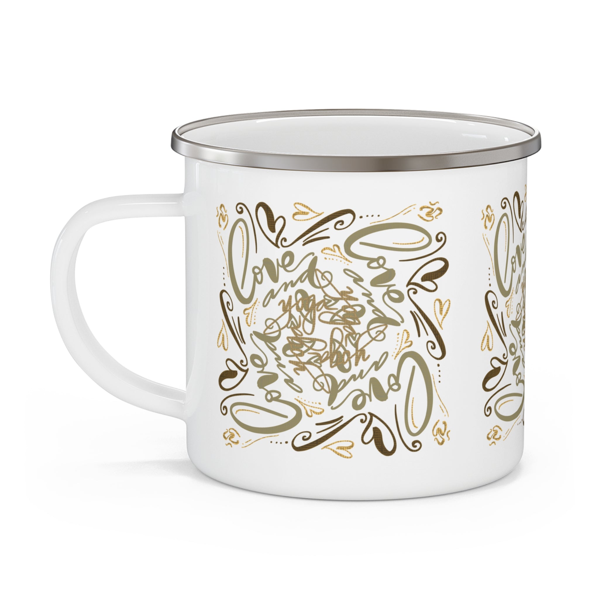 Enamel Camping Mug — Gold 'Love and Yoga’ Handlettered Pattern, Romantic Outdoor Coffee Cup