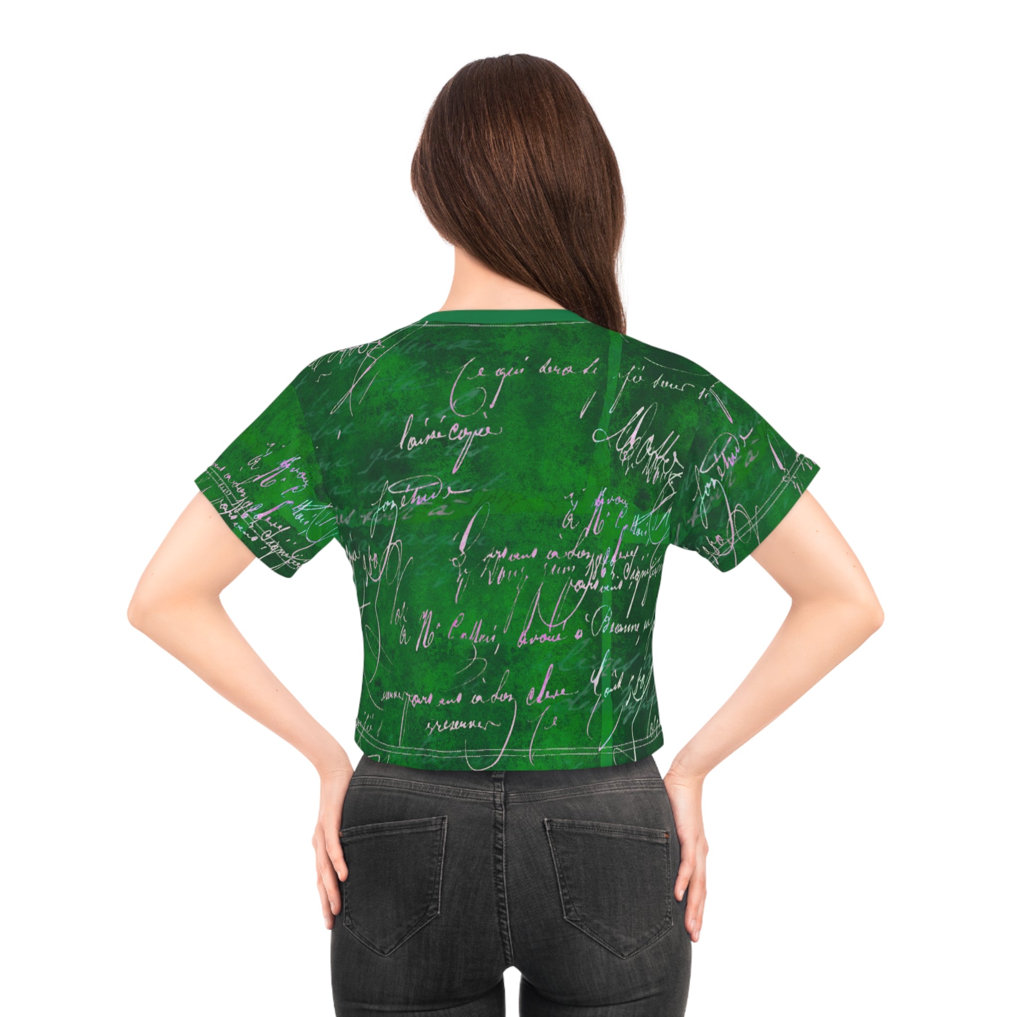 Stylish Script Crop Tee - Trendy Green Graphic Top for Casual Wear