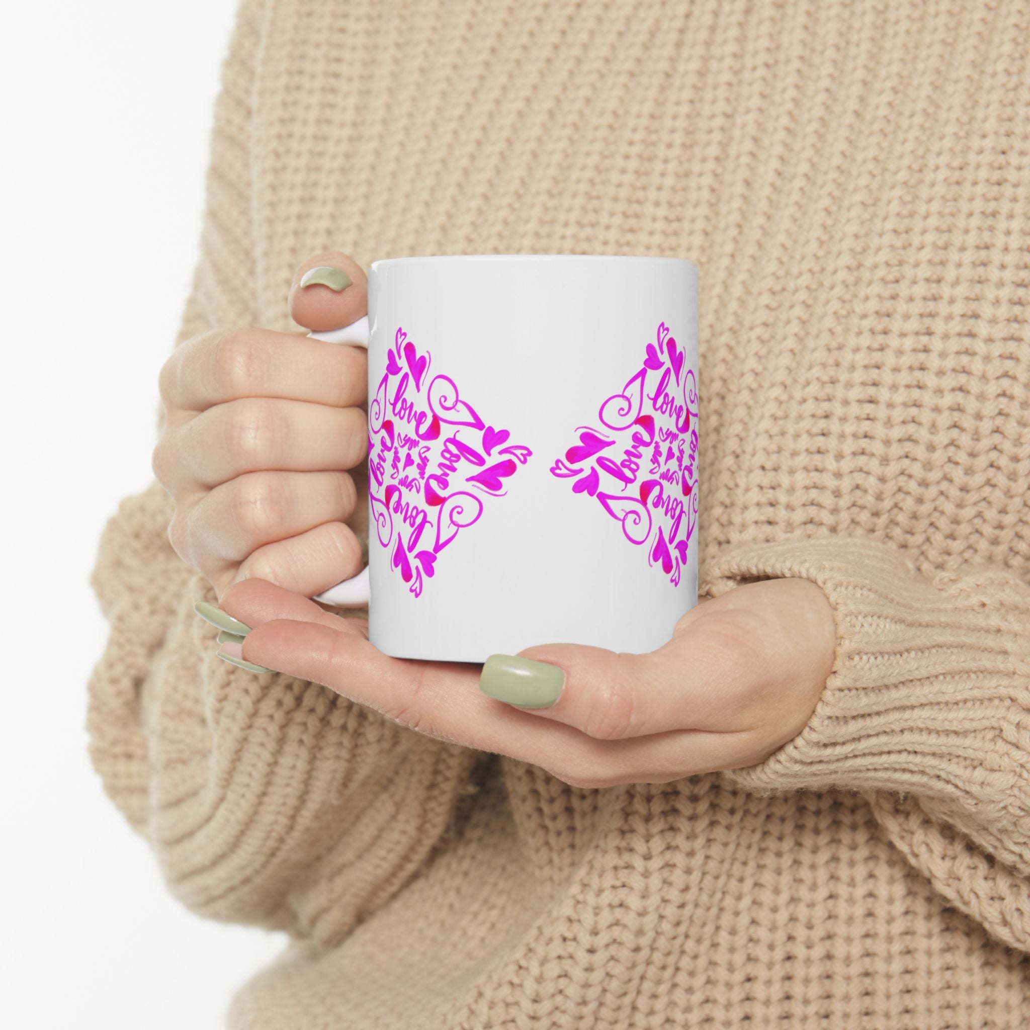 I love you hand-drawn Hearts Ceramic Mug — Pink Floral Heart calligraphy (11  loz)