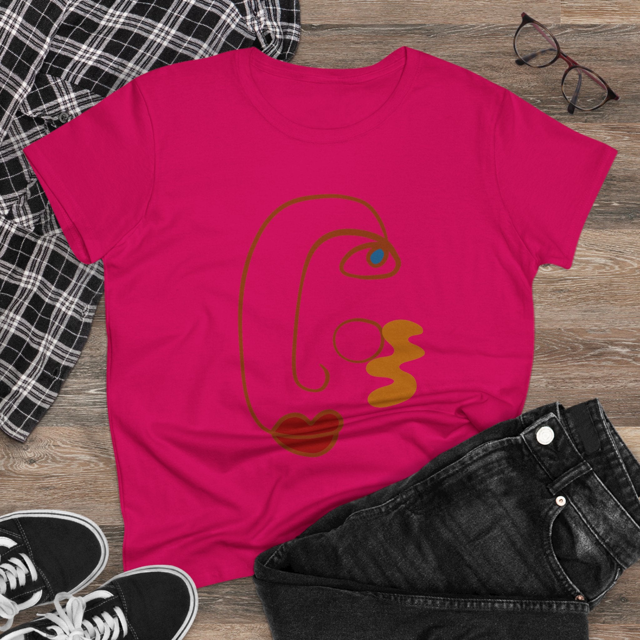 Stylish Abstract Art Tee for Women - Midweight Cotton Casual Top