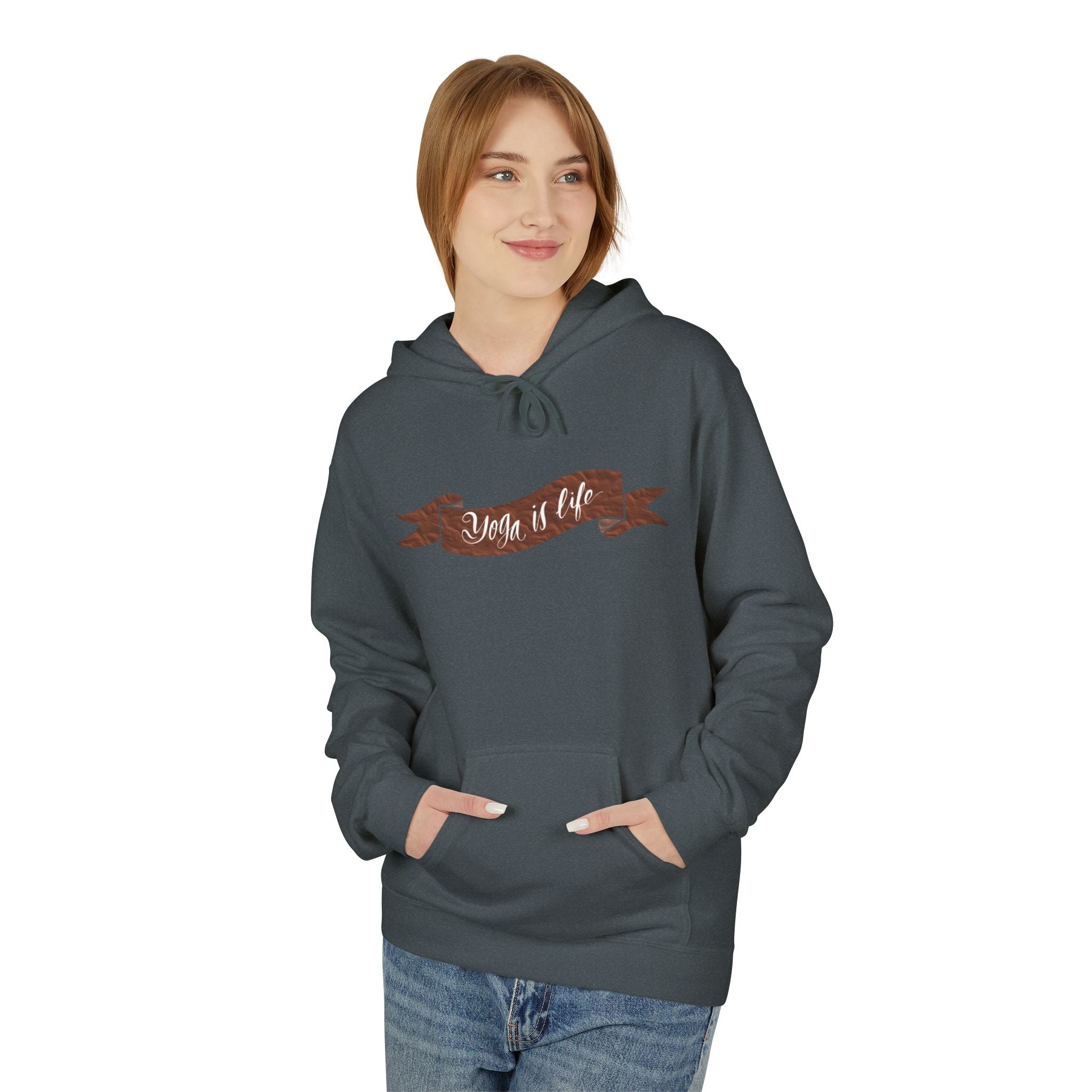 Cozy 'Yoga is Life' Script Hoodie — Rustic Brown Fleece Pullover