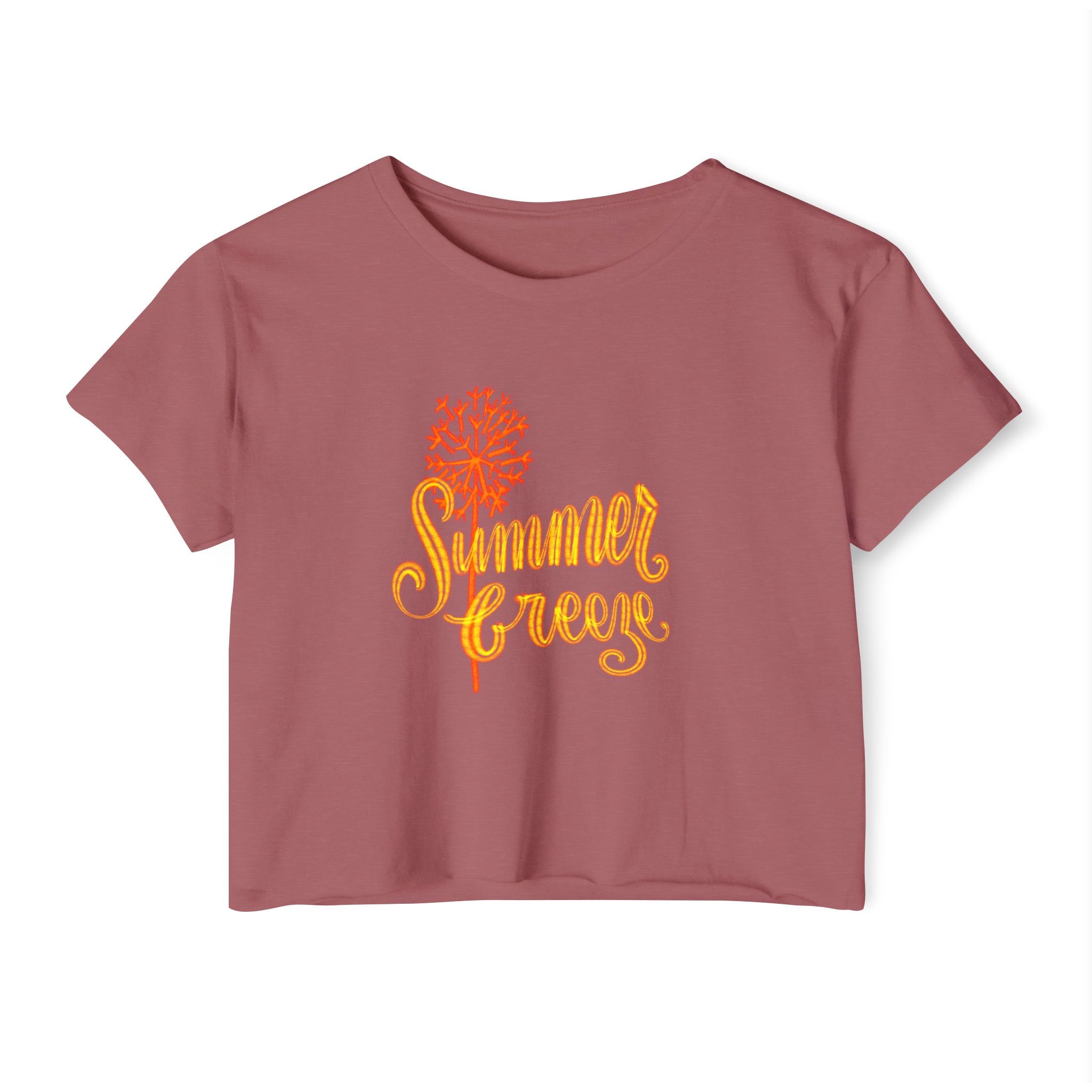 Summer Vibes Festival Crop Top - Women's White Tee with Bright Coral Design
