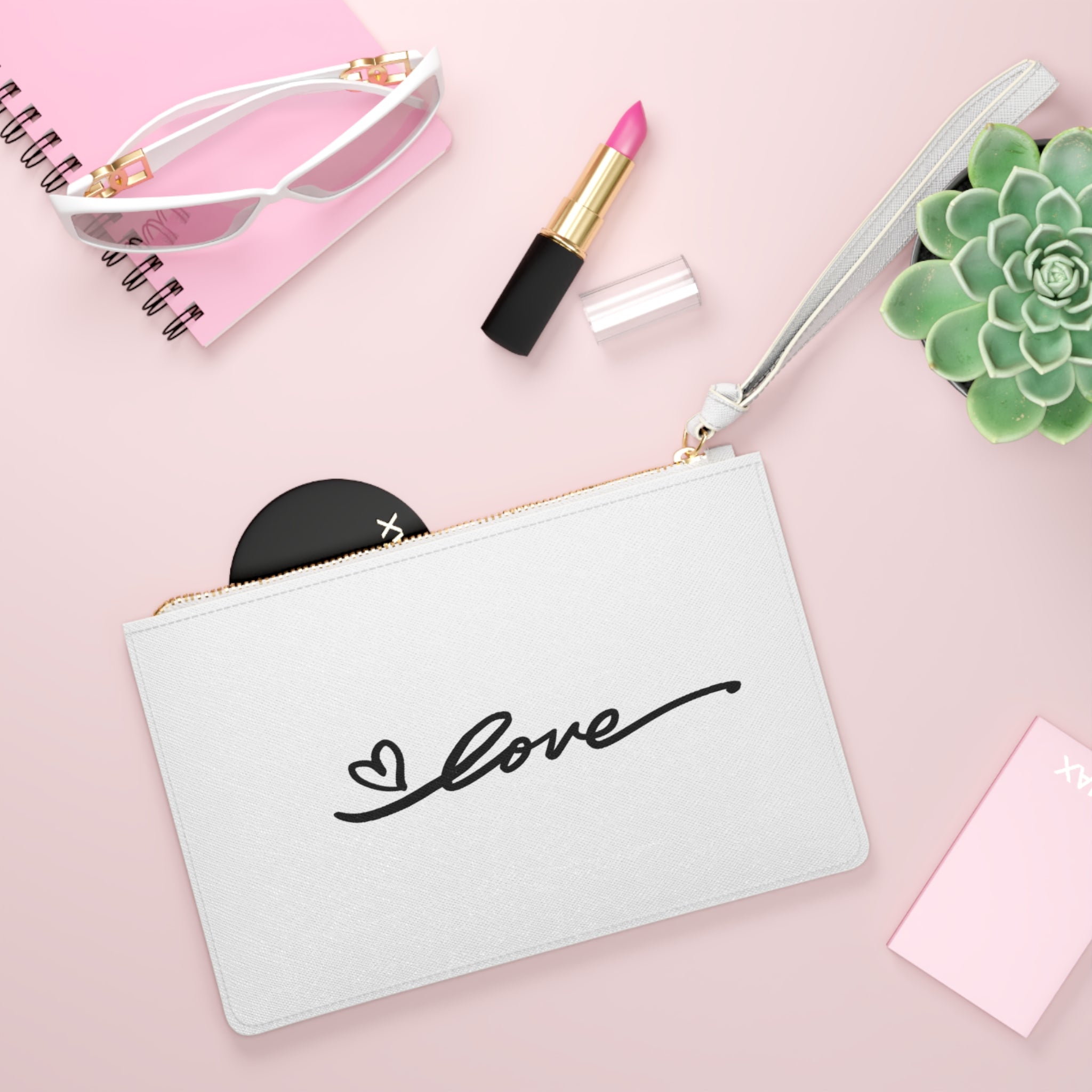 White 'LOVE' Wristlet Clutch — Minimal Heart Script Bag for Gifts & Valentine’s