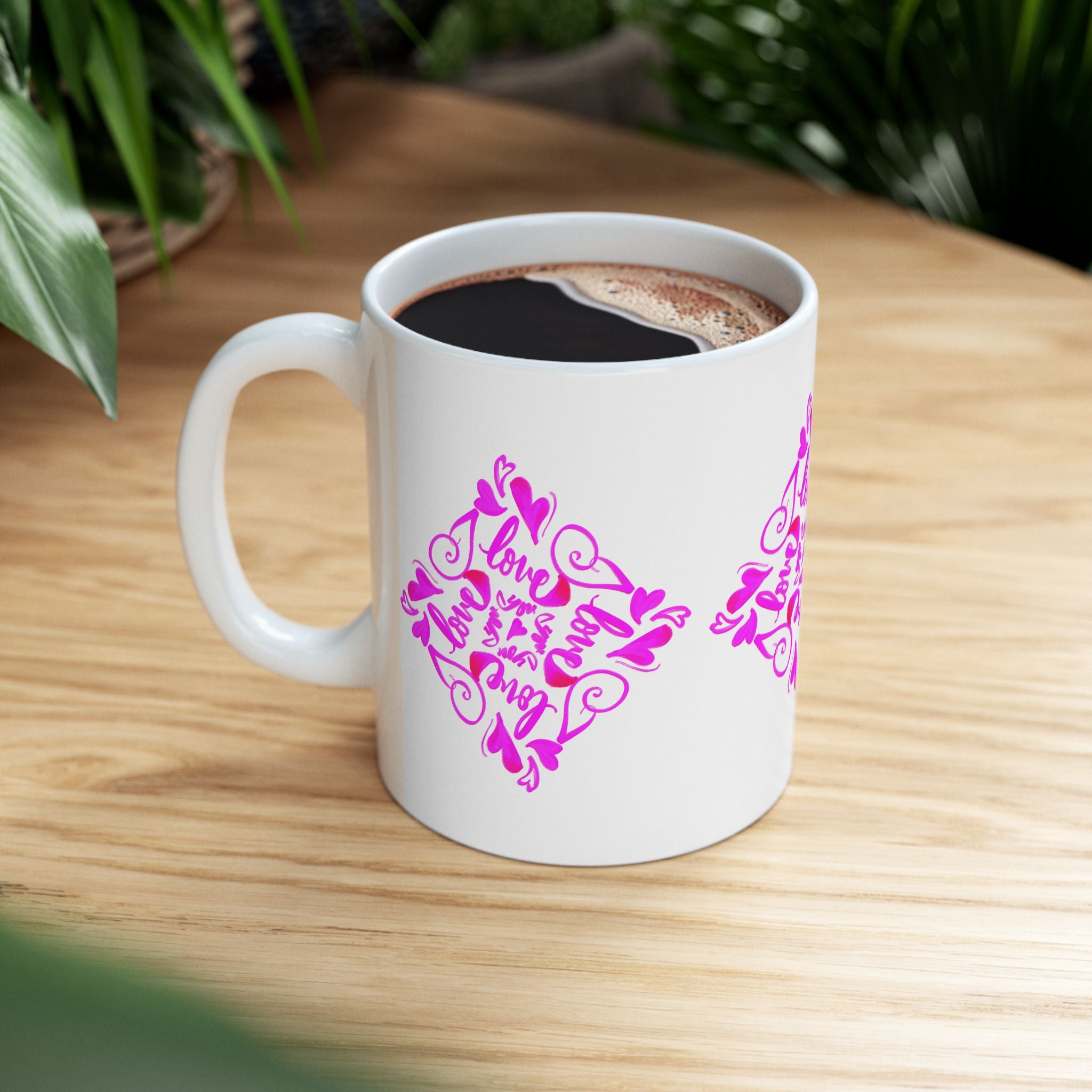 I love you hand-drawn Hearts Ceramic Mug — Pink Floral Heart calligraphy (11  loz)