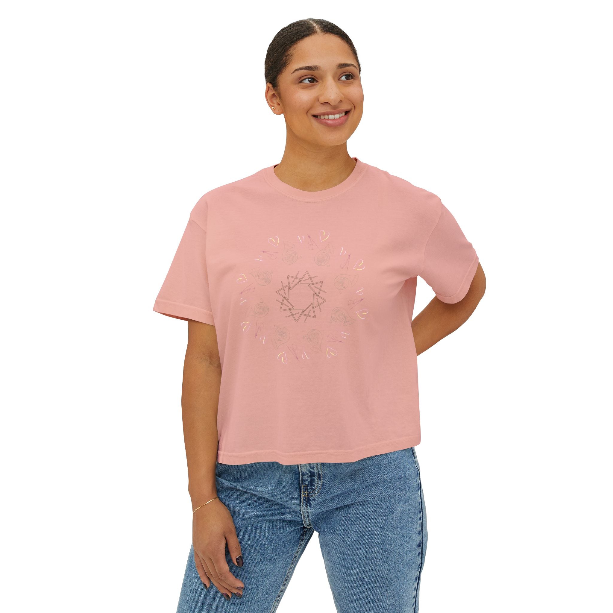 Women’s Boxy Tee with Musical Mandala Design – Casual Chic for Everyday Comfort