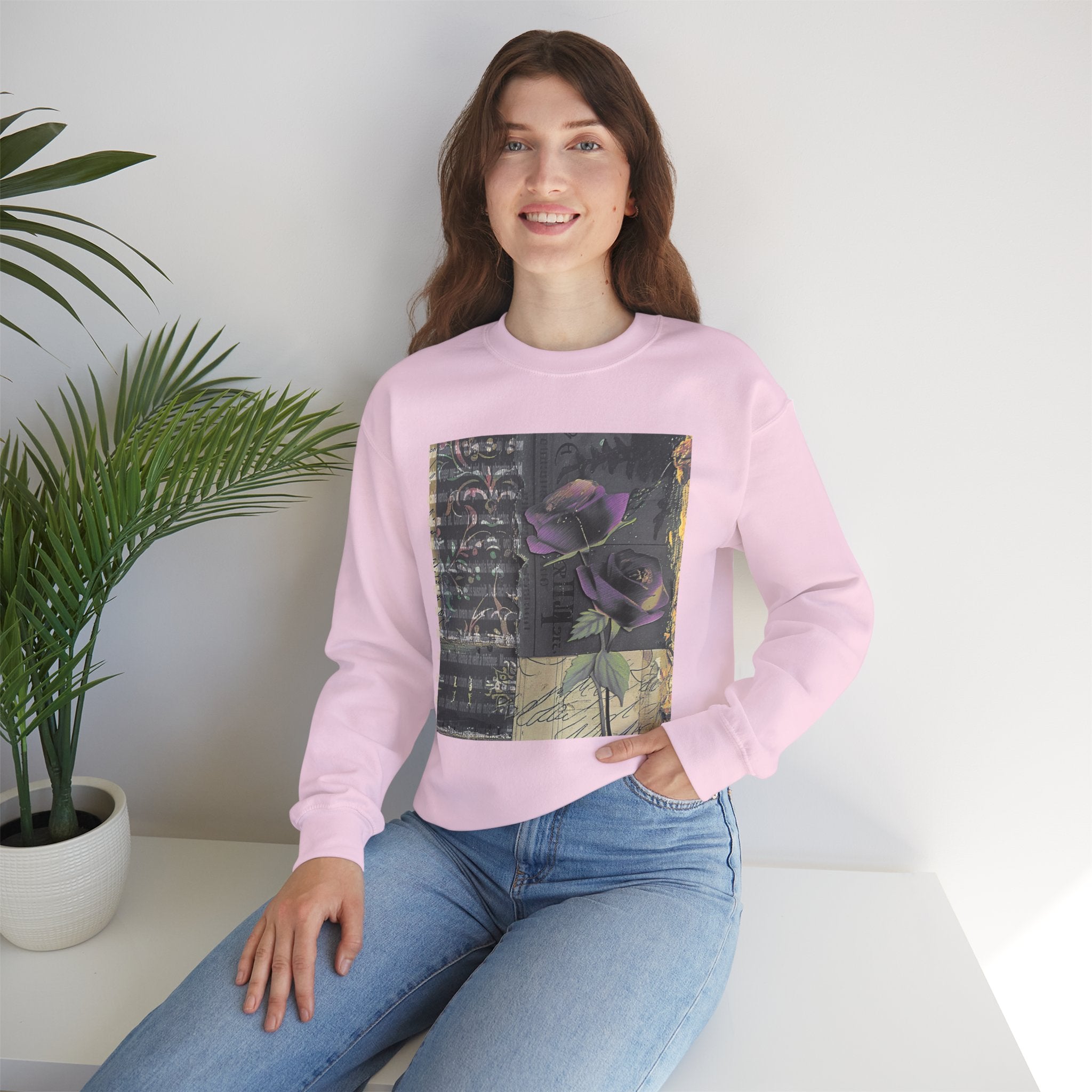 Crewneck Sweatshirt — Vintage Botanical Collage with Purple Roses