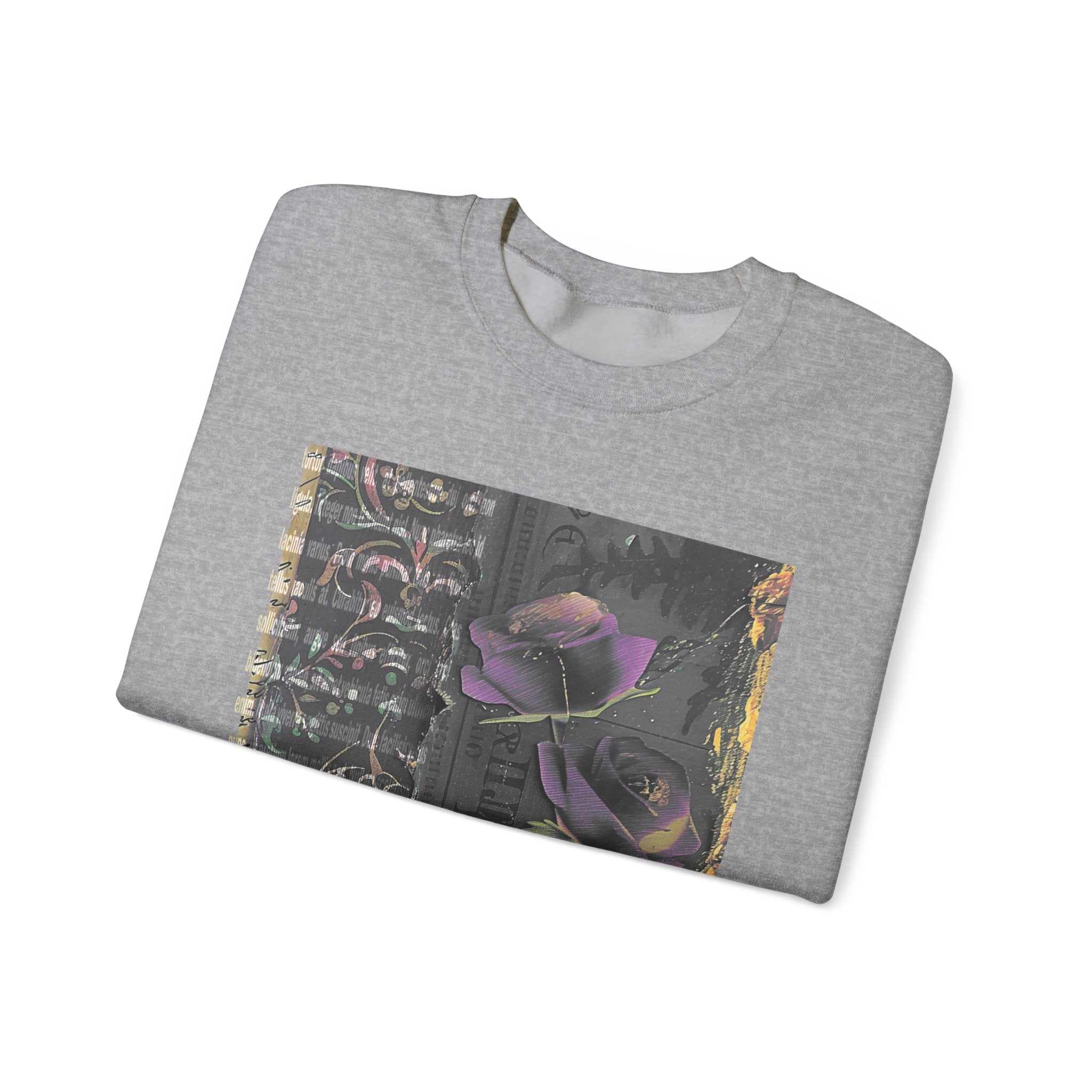 Crewneck Sweatshirt — Vintage Botanical Collage with Purple Roses