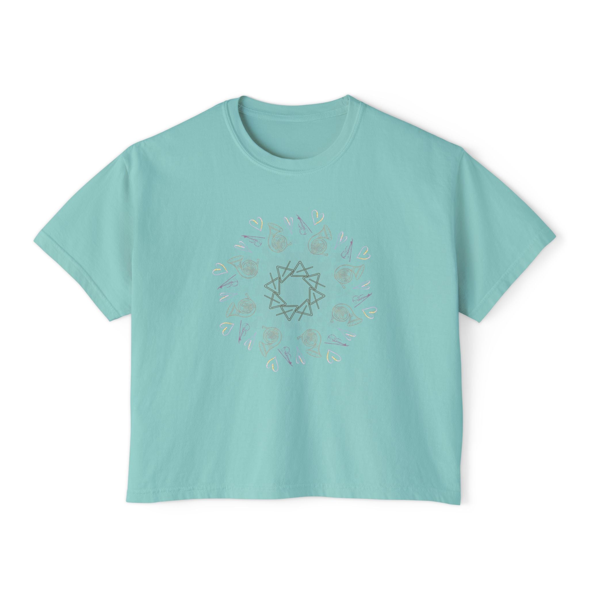 Women’s Boxy Tee with Musical Mandala Design – Casual Chic for Everyday Comfort