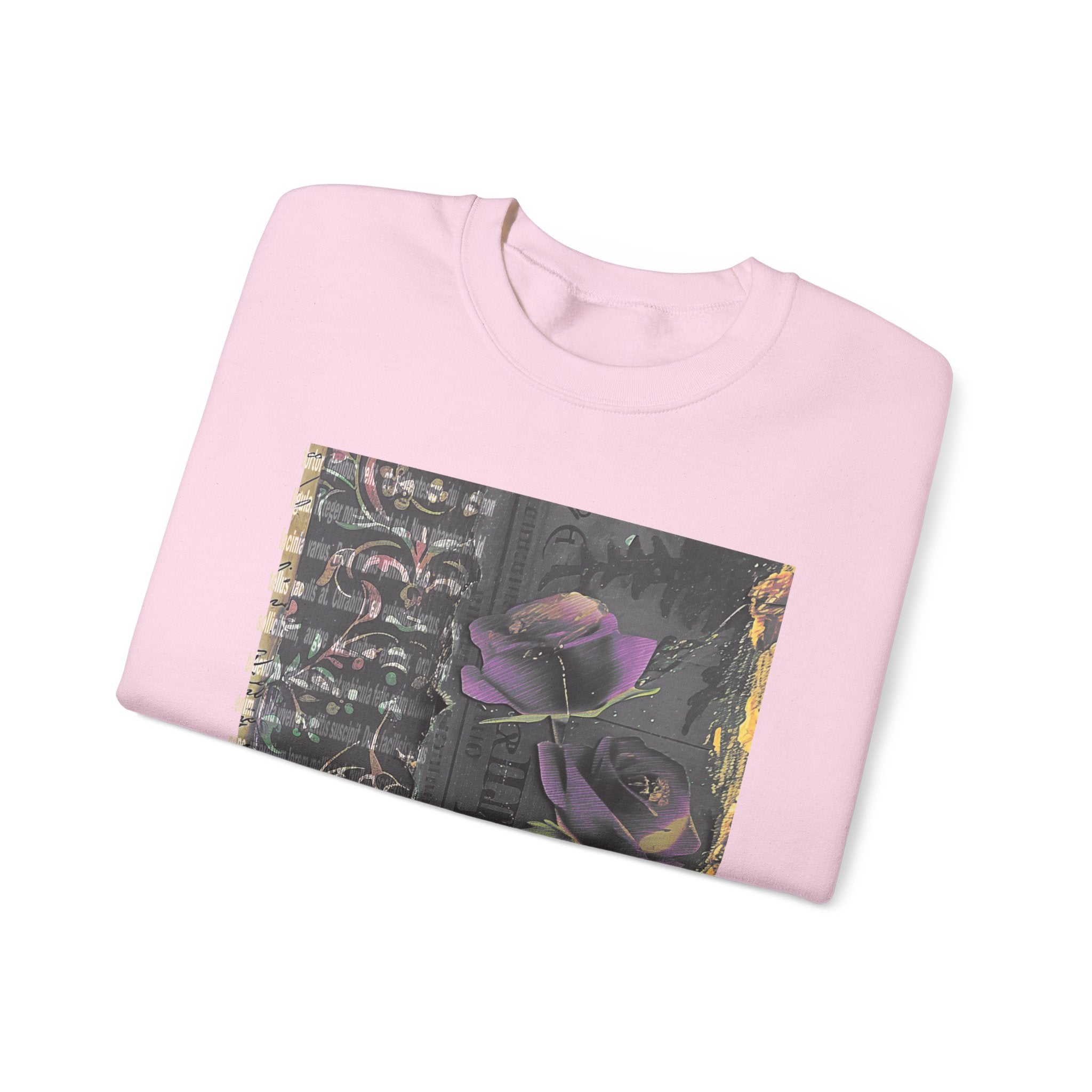 Crewneck Sweatshirt — Vintage Botanical Collage with Purple Roses