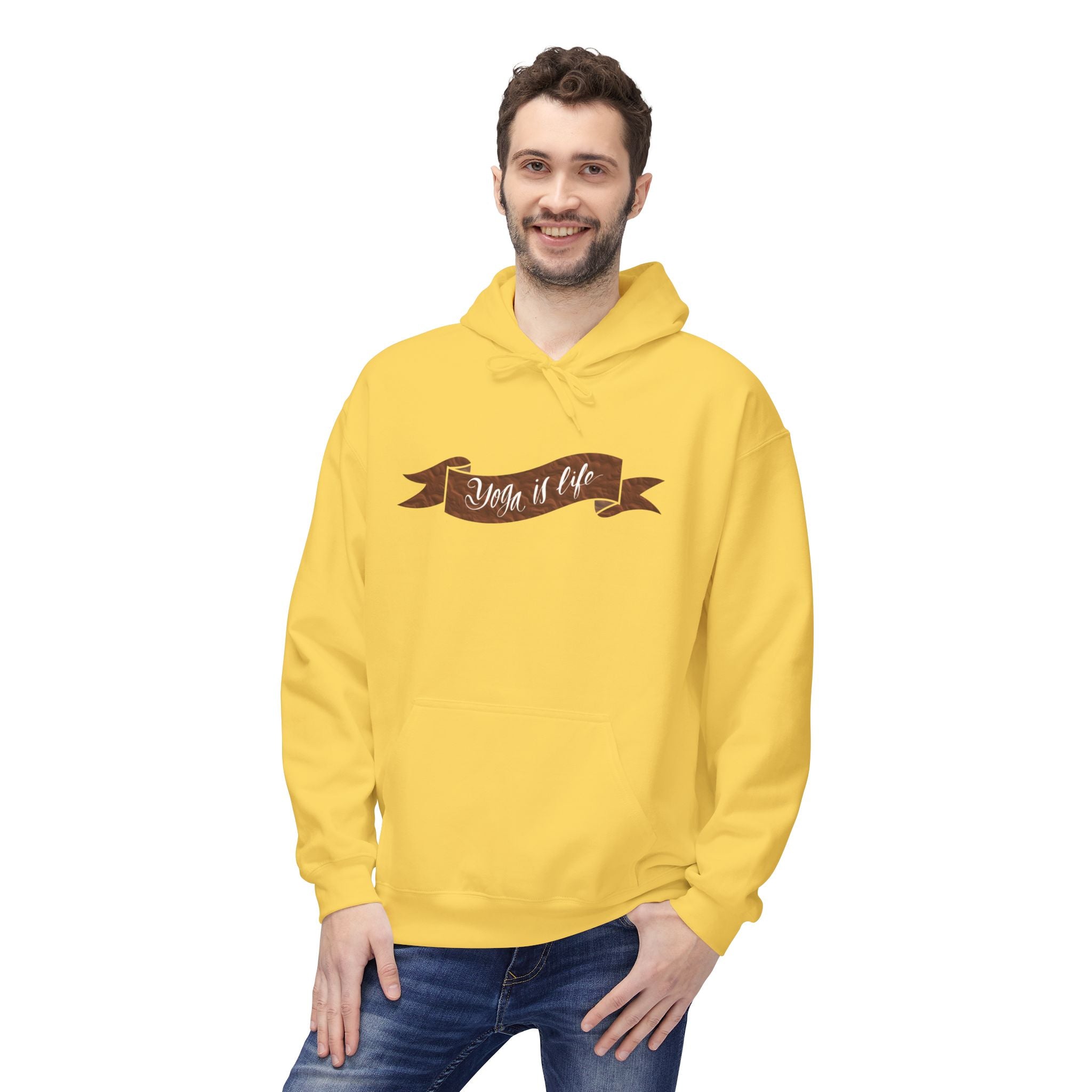 Cozy 'Yoga is Life' Script Hoodie — Rustic Brown Fleece Pullover