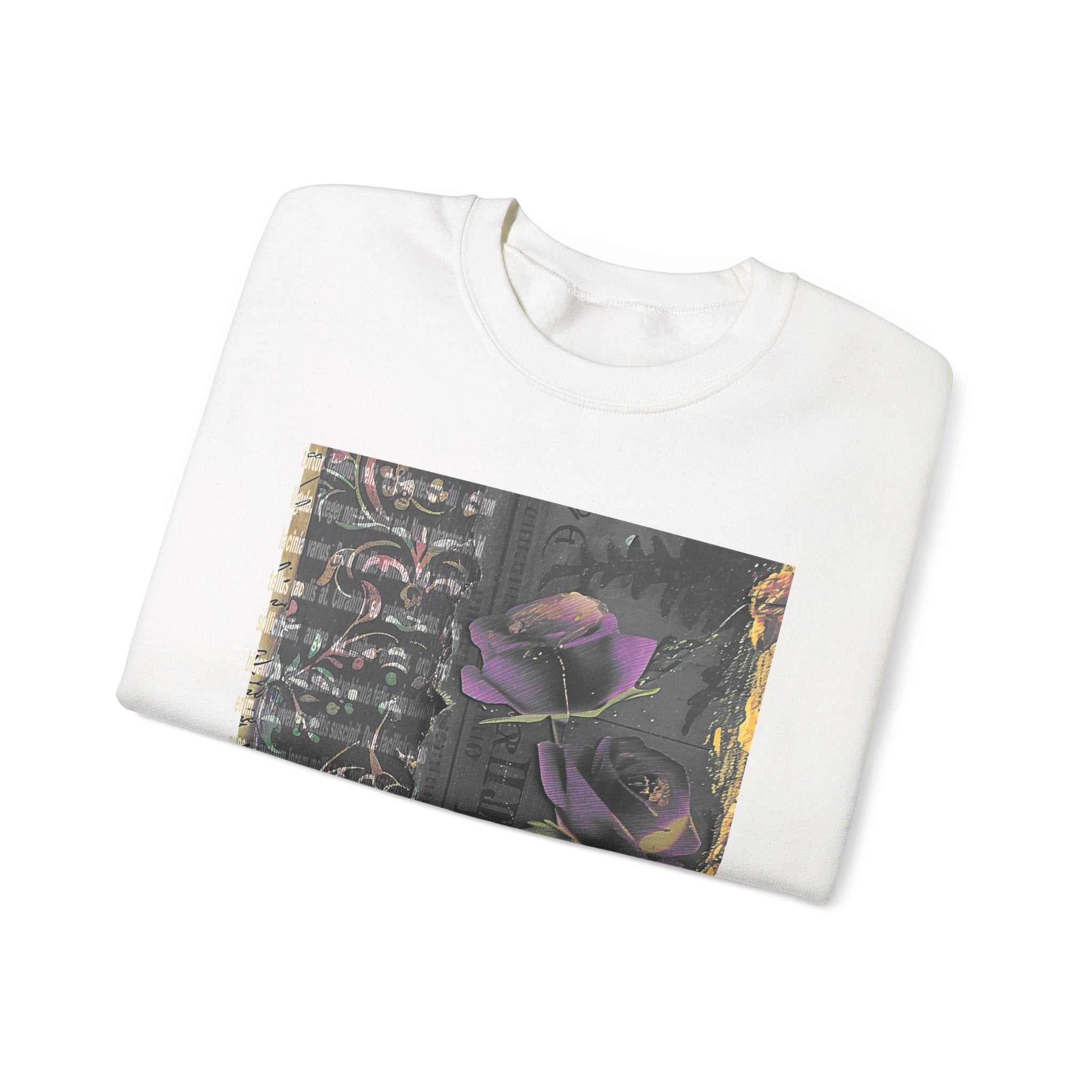 Crewneck Sweatshirt — Vintage Botanical Collage with Purple Roses