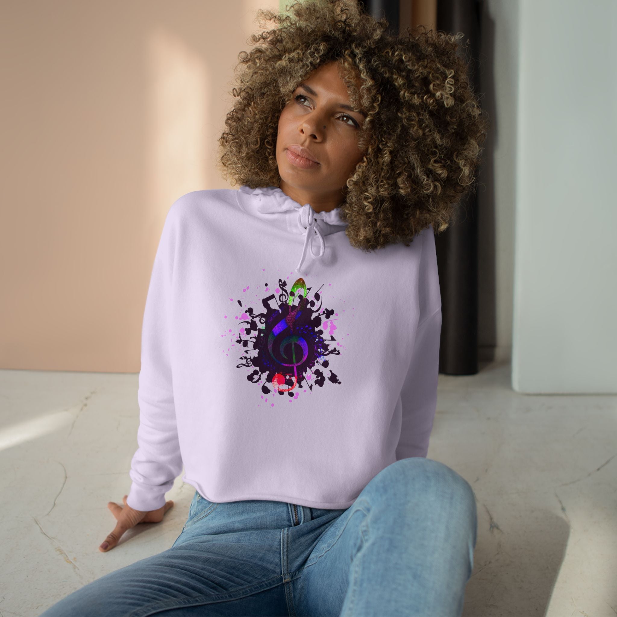 Musical Vibes Crop Hoodie - Colorful Treble Clef Design