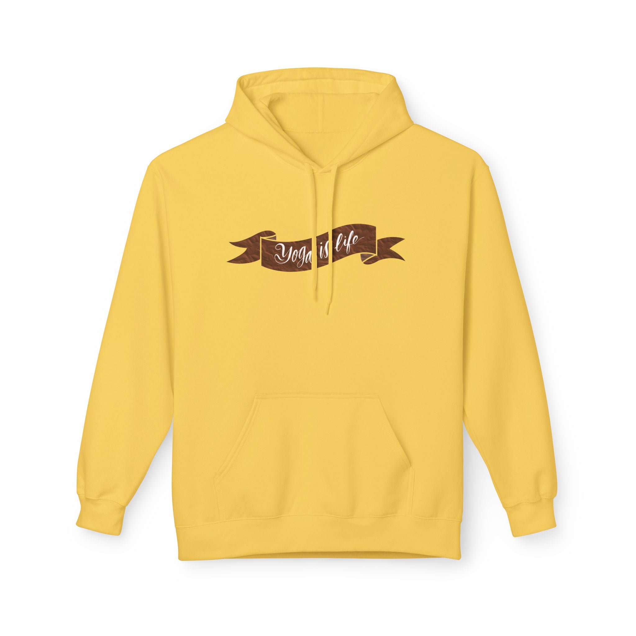 Cozy 'Yoga is Life' Script Hoodie — Rustic Brown Fleece Pullover