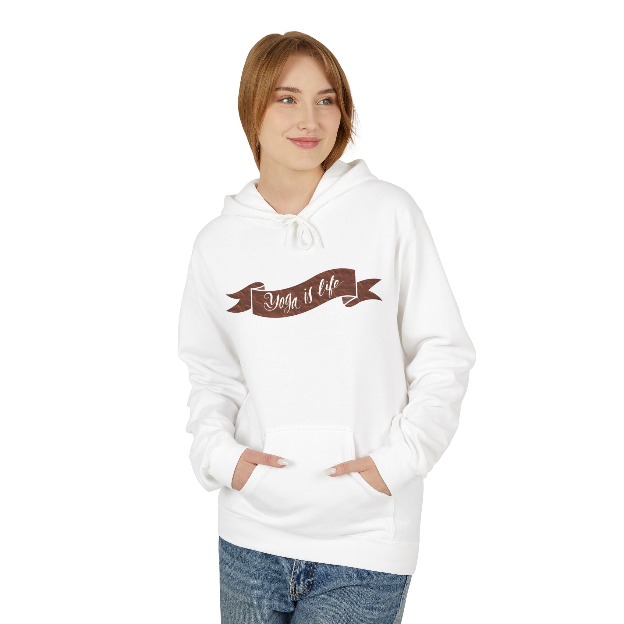 Cozy 'Yoga is Life' Script Hoodie — Rustic Brown Fleece Pullover