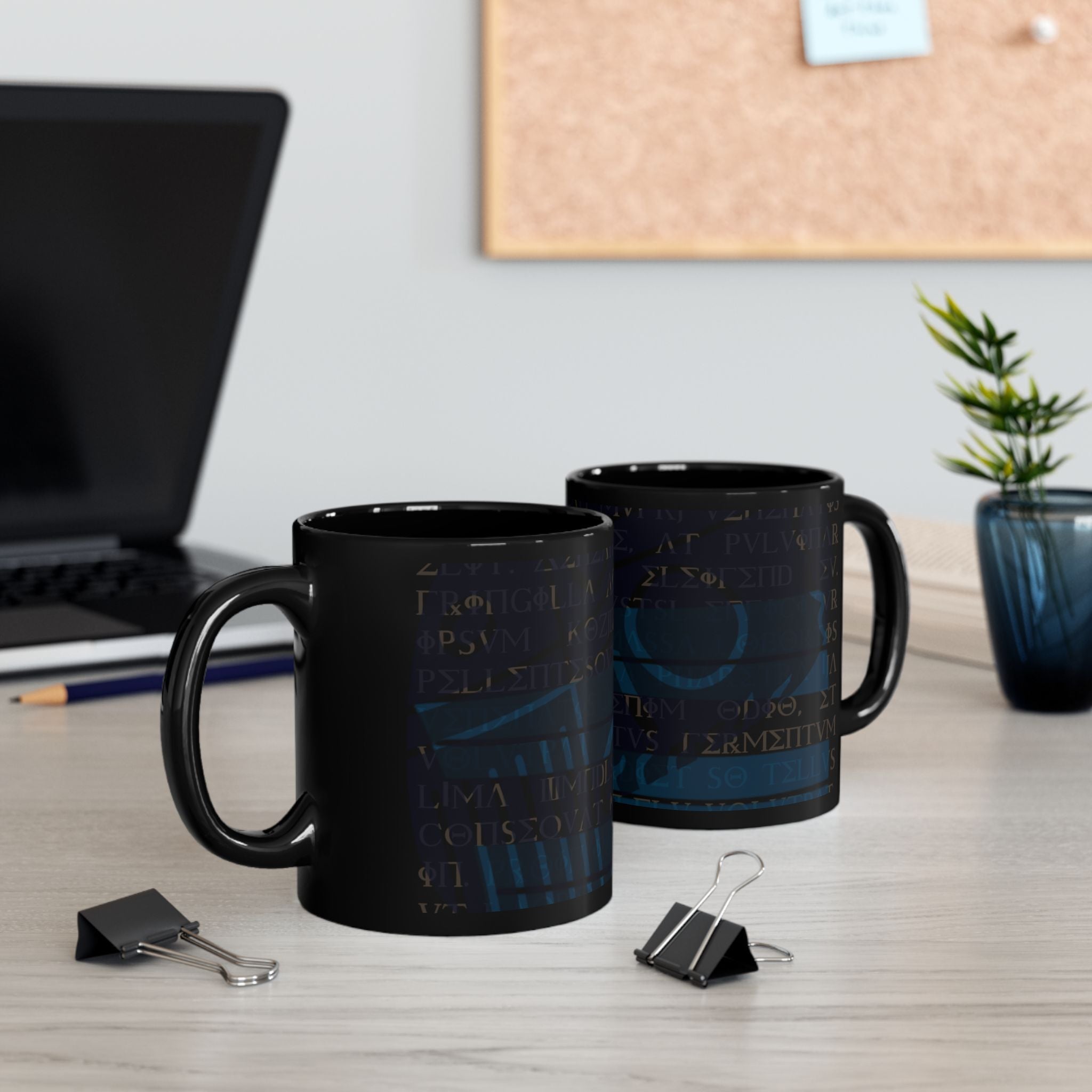 Mystic Rune Black Mug — Blue Glyphs & Ancient Script Coffee Cup (11oz)