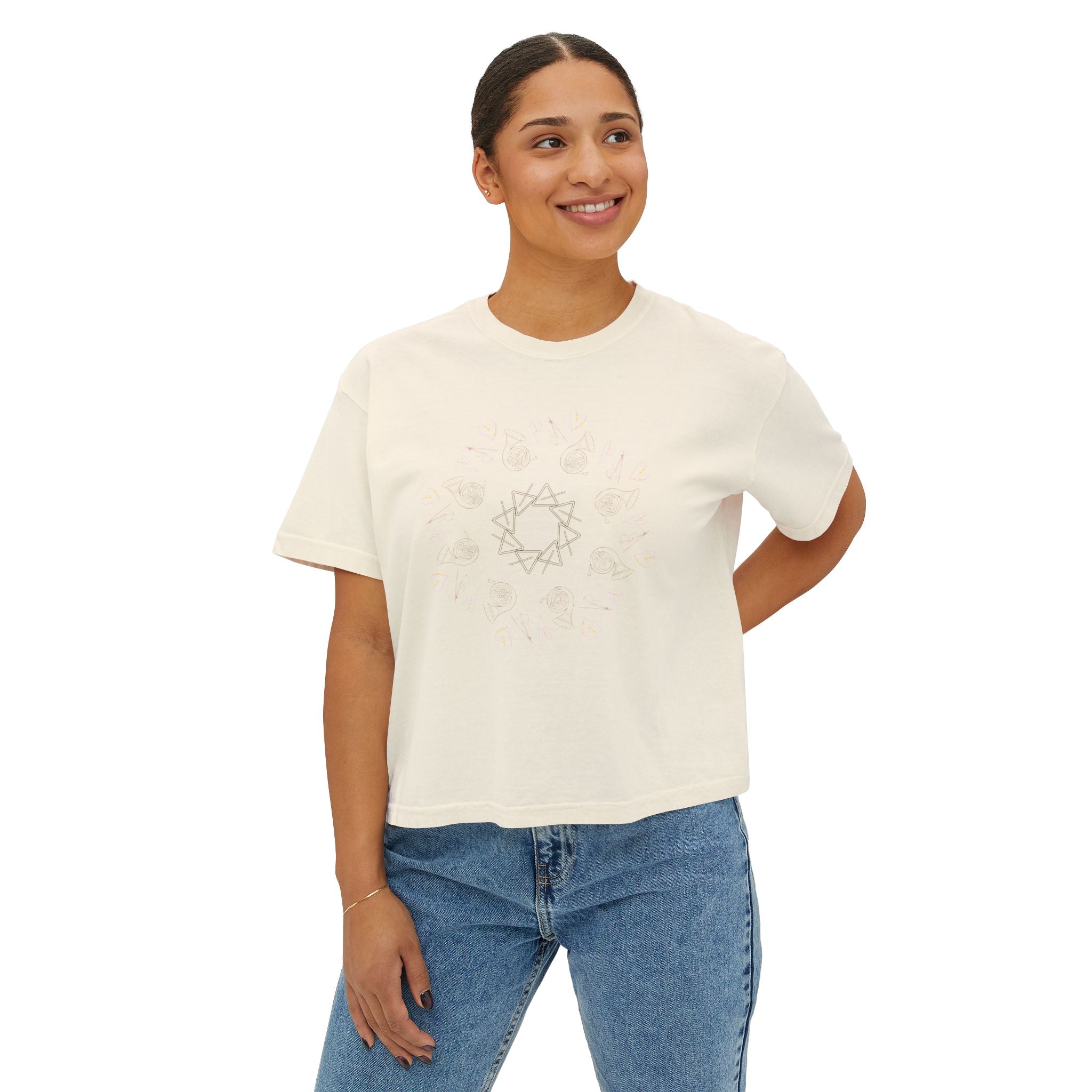 Women’s Boxy Tee with Musical Mandala Design – Casual Chic for Everyday Comfort