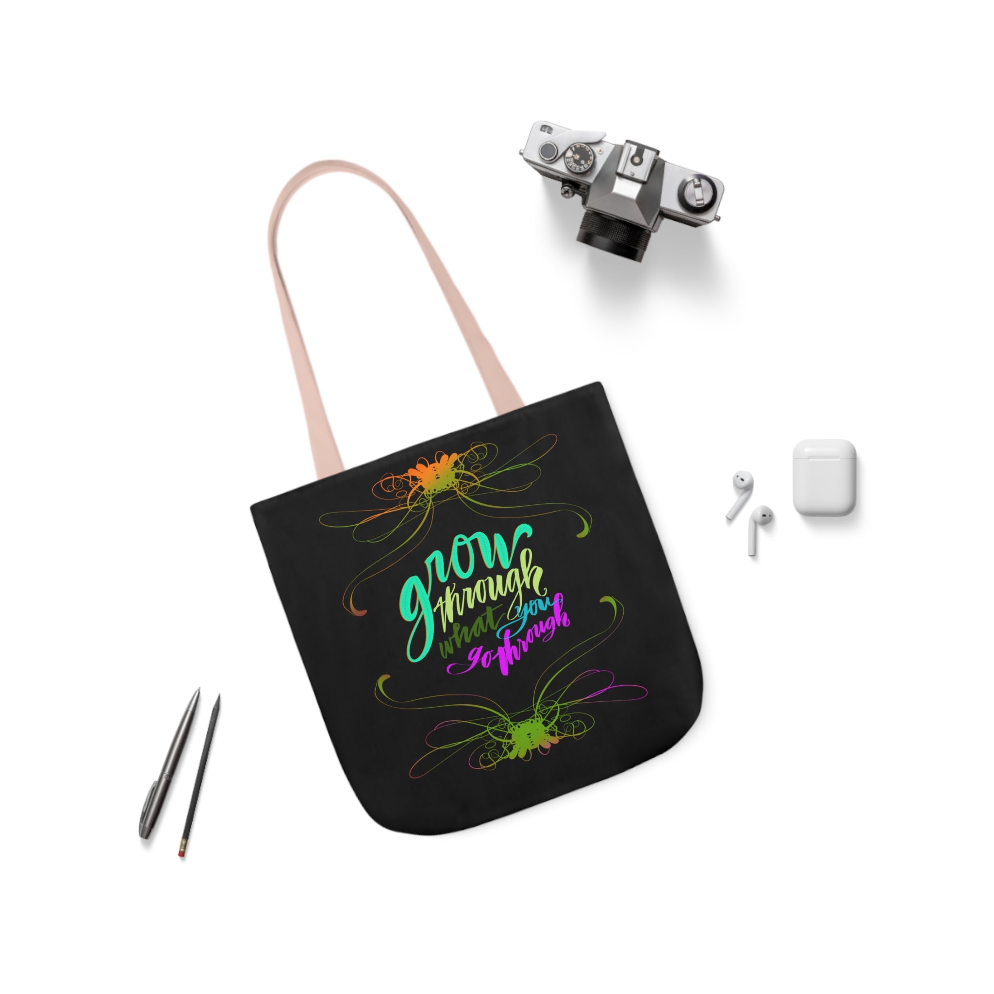 GROW THROUGH WHAT YOU GROW THROUGH Canvas Tote Bag, 5-Color Straps