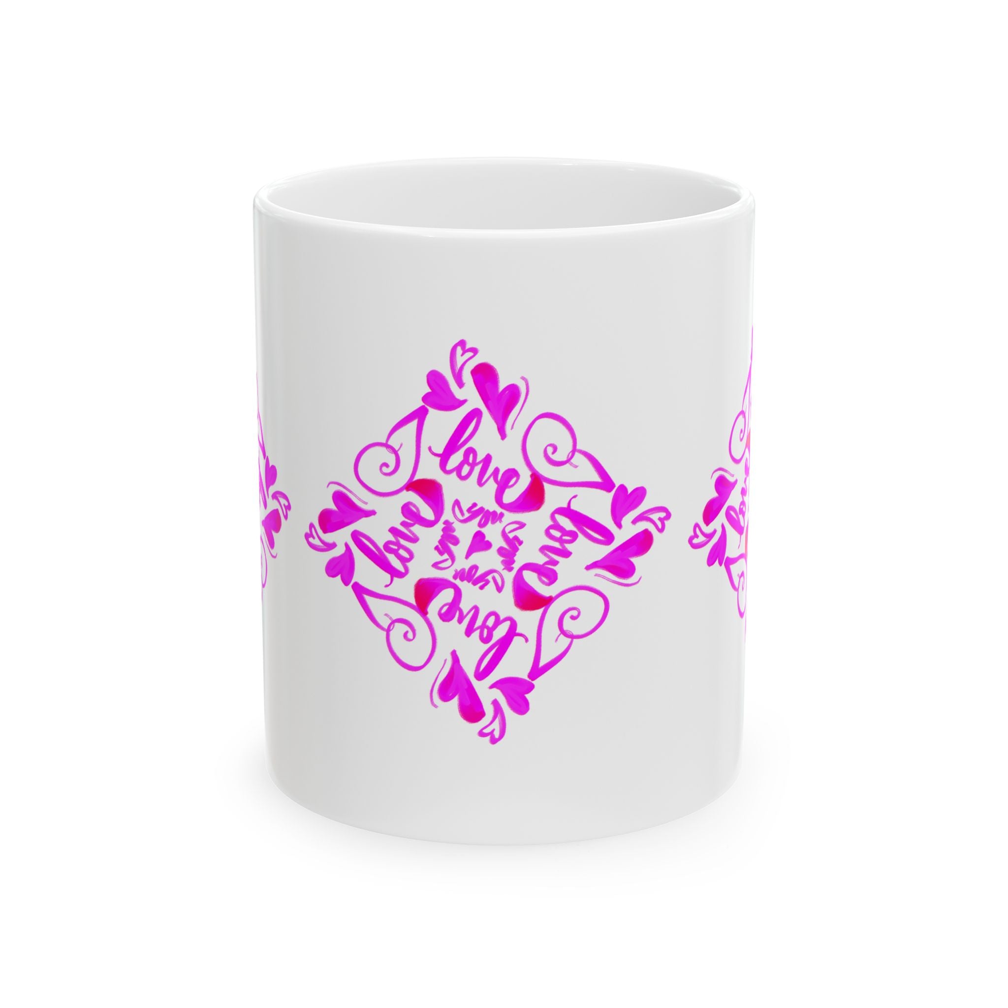 I love you hand-drawn Hearts Ceramic Mug — Pink Floral Heart calligraphy (11  loz)