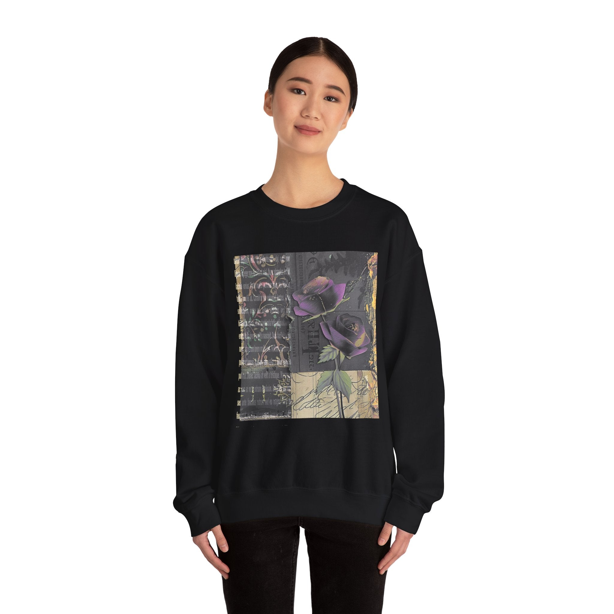 Crewneck Sweatshirt — Vintage Botanical Collage with Purple Roses