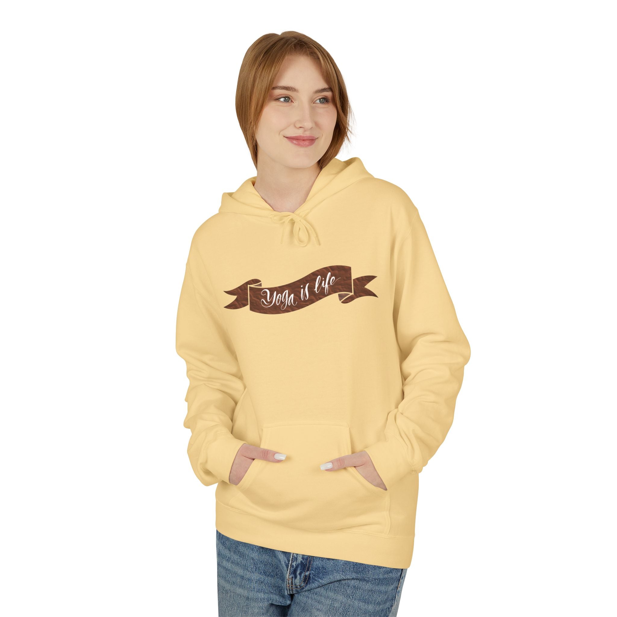 Cozy 'Yoga is Life' Script Hoodie — Rustic Brown Fleece Pullover