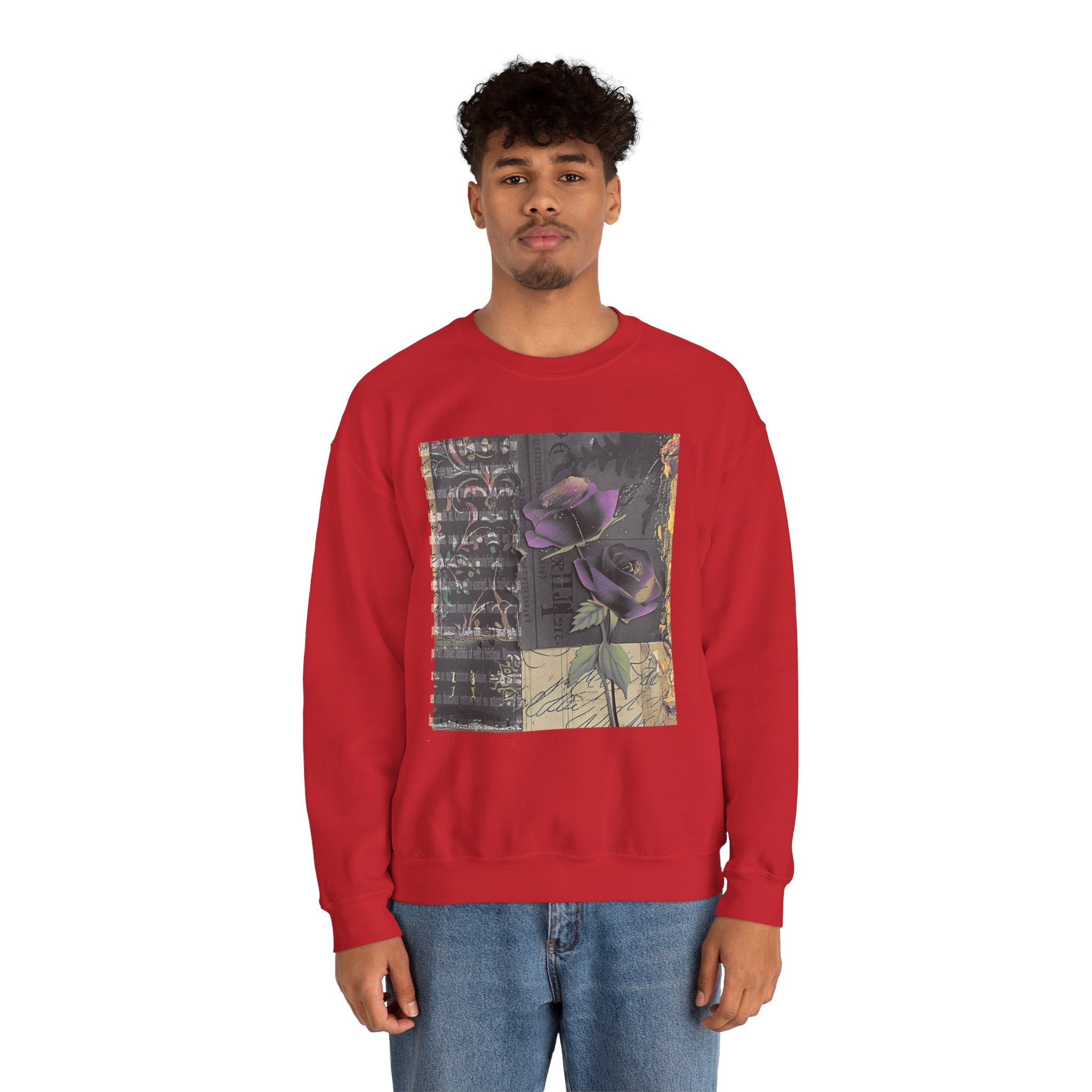 Crewneck Sweatshirt — Vintage Botanical Collage with Purple Roses