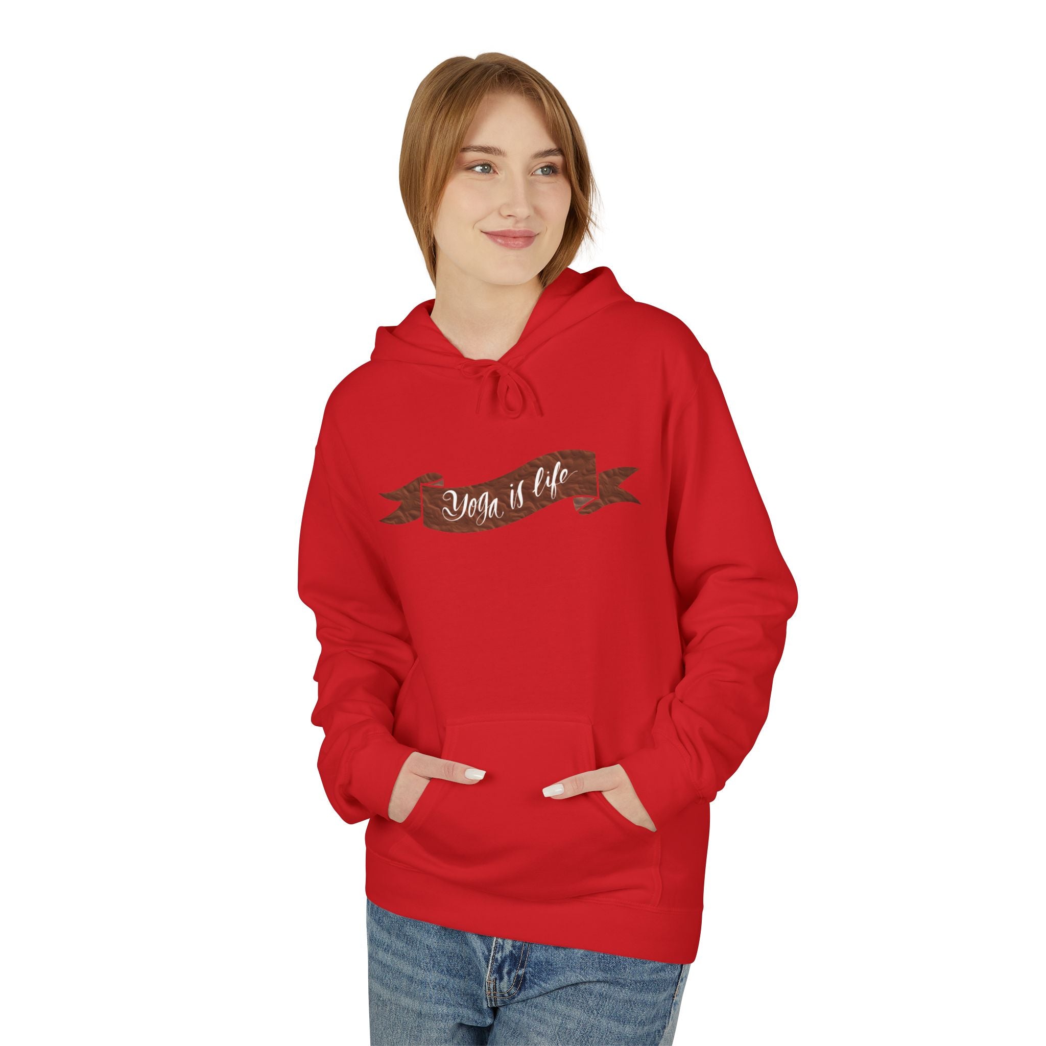 Cozy 'Yoga is Life' Script Hoodie — Rustic Brown Fleece Pullover