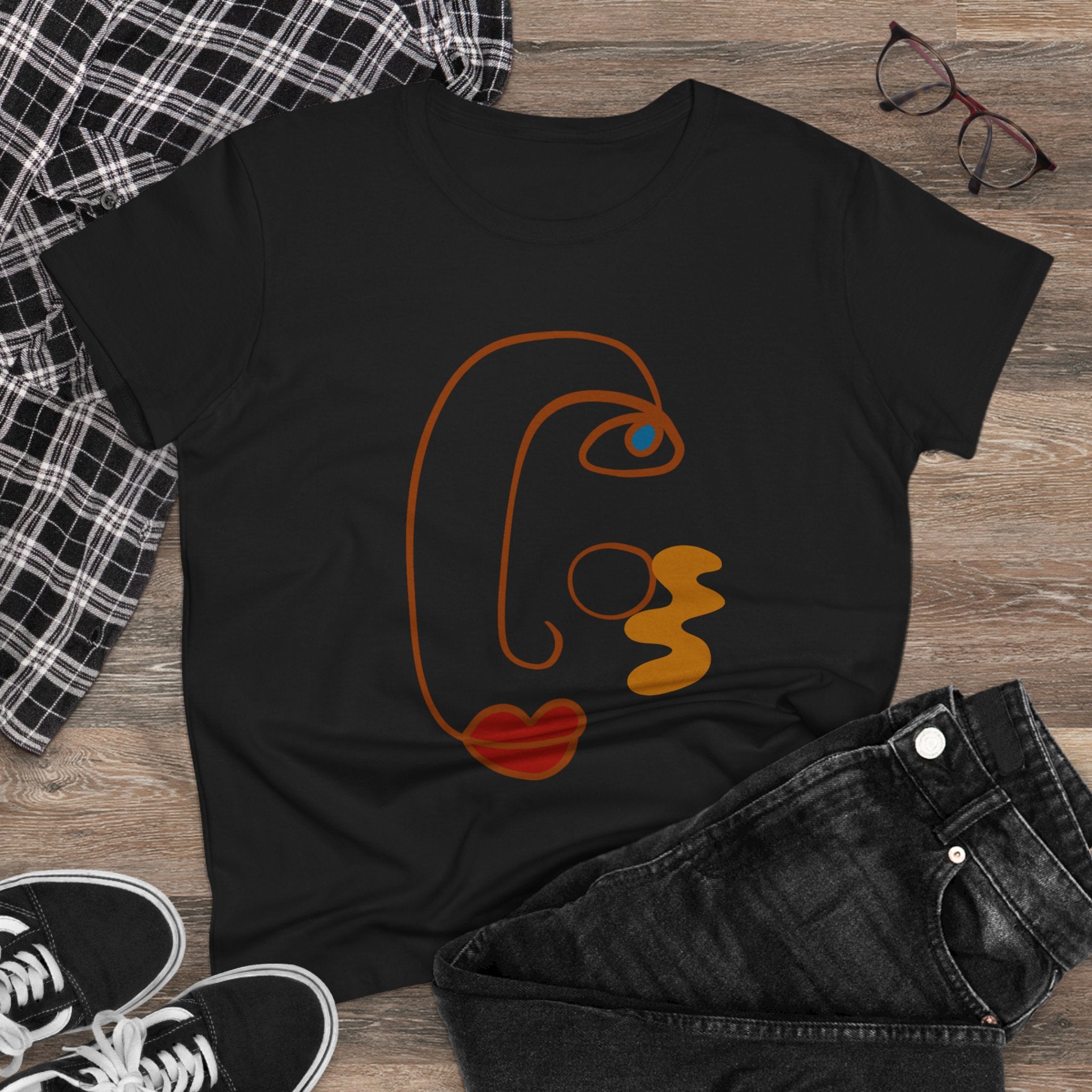 Stylish Abstract Art Tee for Women - Midweight Cotton Casual Top