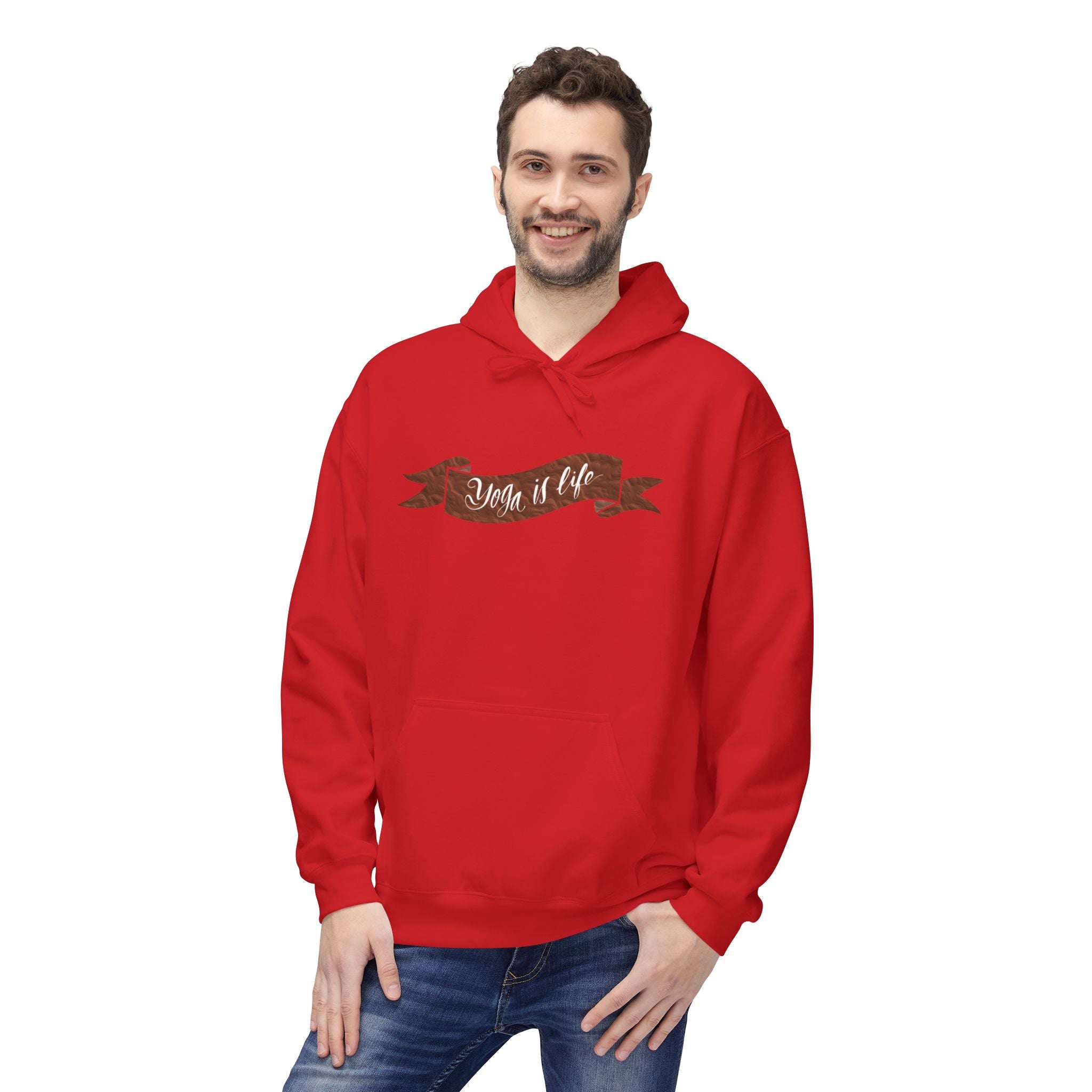 Cozy 'Yoga is Life' Script Hoodie — Rustic Brown Fleece Pullover