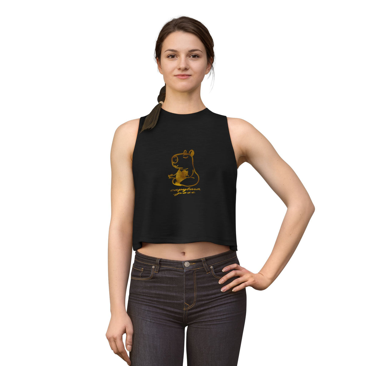 Capybara Pose Zen Crop Top — Relaxed Gold Hippo Graphic Women's Tank