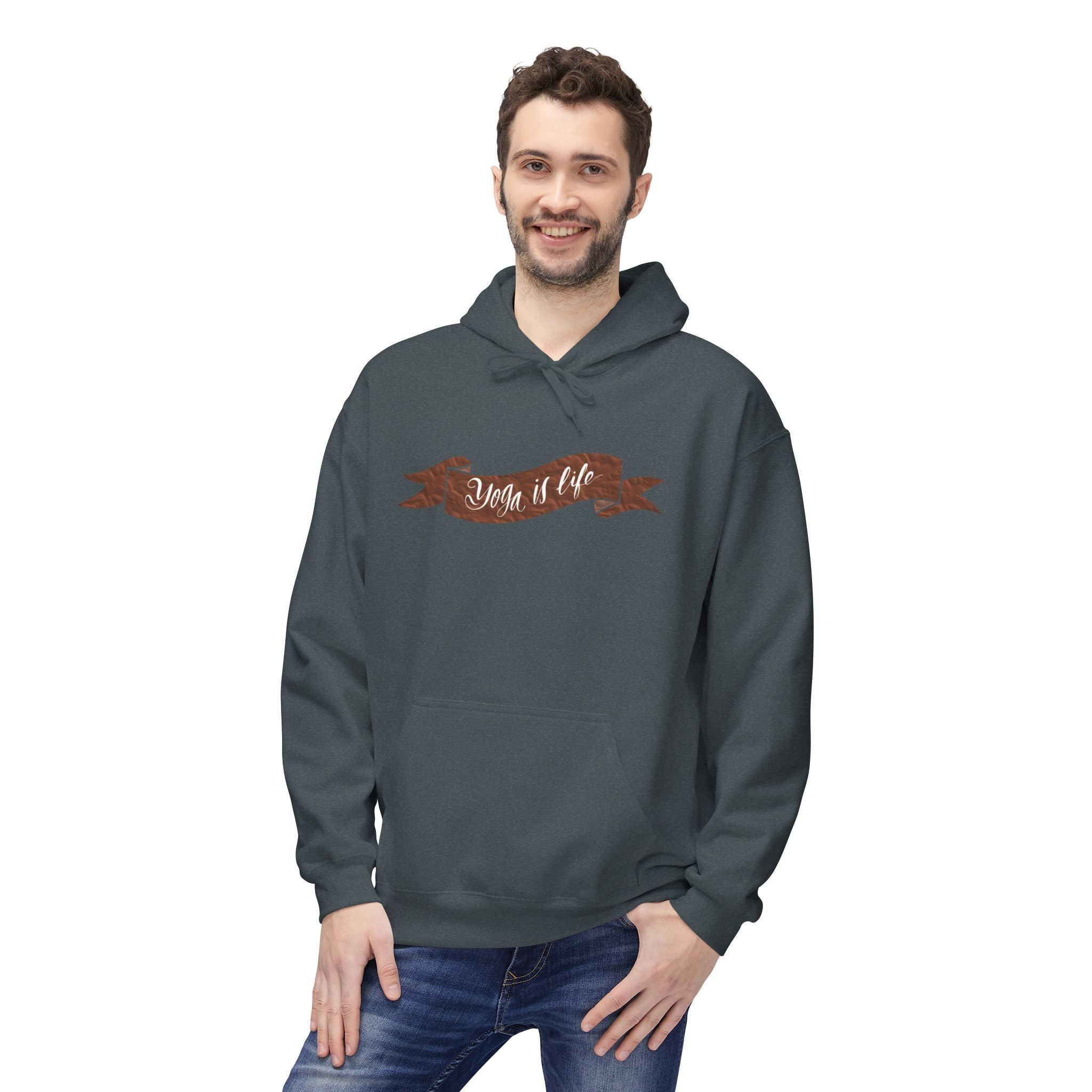 Cozy 'Yoga is Life' Script Hoodie — Rustic Brown Fleece Pullover