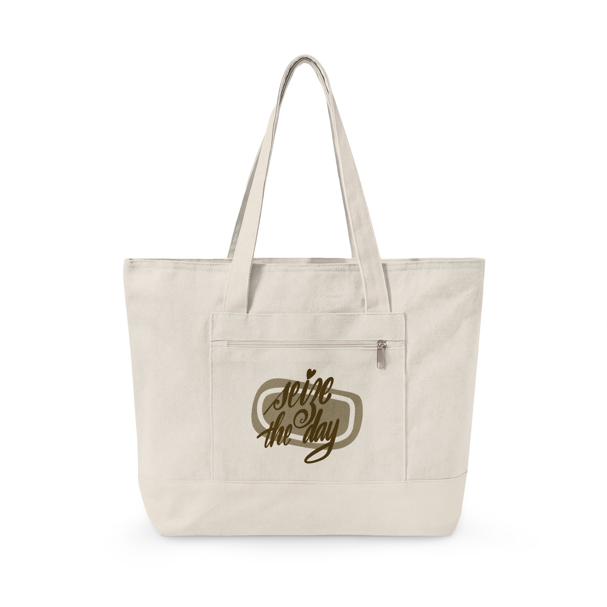 Zippered Canvas Tote – "Seize the Day" Script Tote Bag, Everyday Zip-Top Canvas Shopper