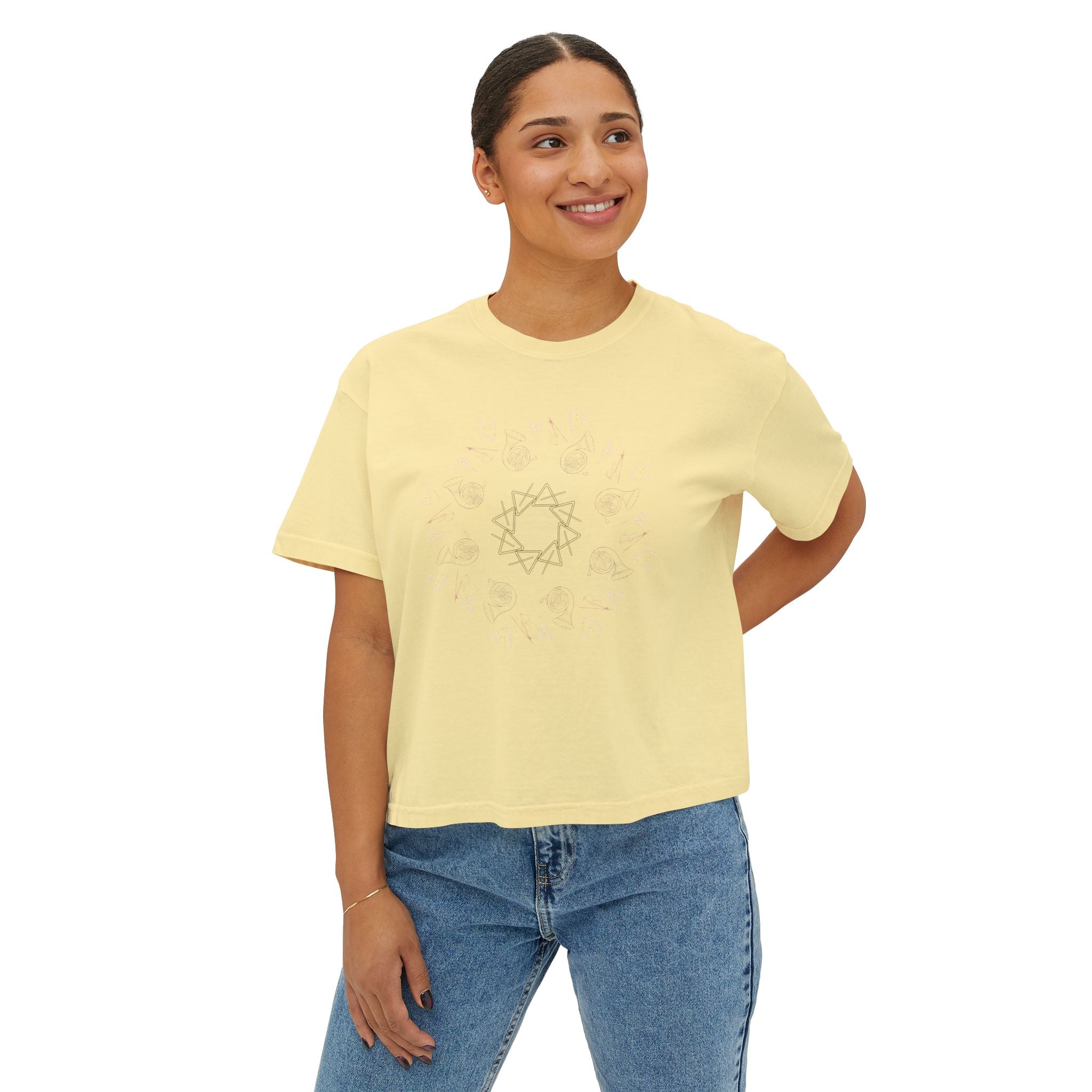 Women’s Boxy Tee with Musical Mandala Design – Casual Chic for Everyday Comfort