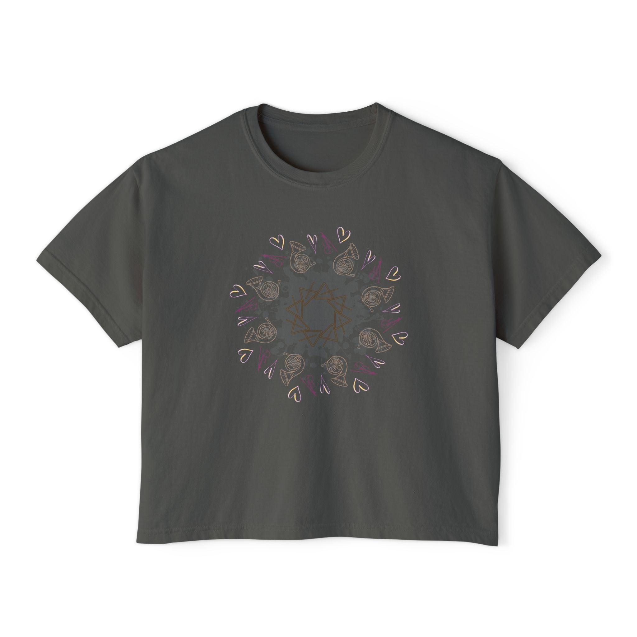 Women’s Boxy Tee with Musical Mandala Design – Casual Chic for Everyday Comfort