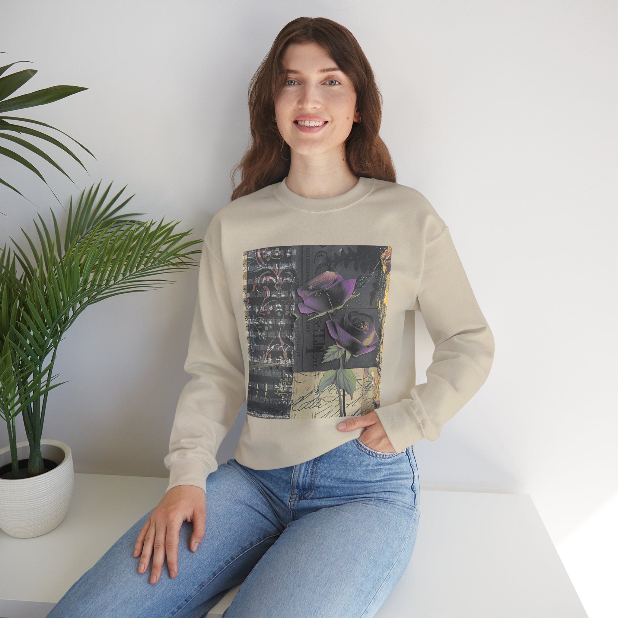 Crewneck Sweatshirt — Vintage Botanical Collage with Purple Roses