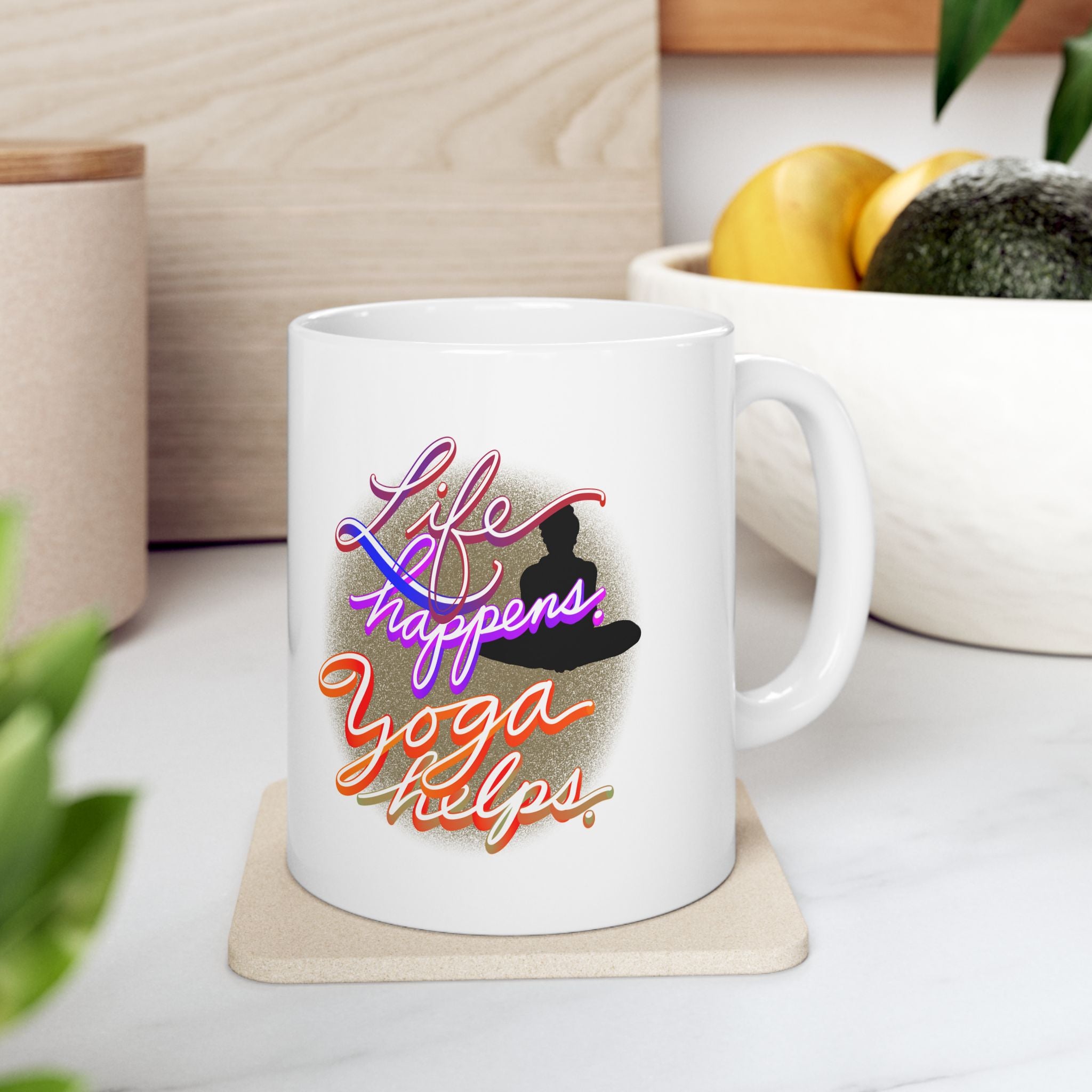 LIFE HAPPENS. YOGA HELPS Ceramic Mug, (11oz)