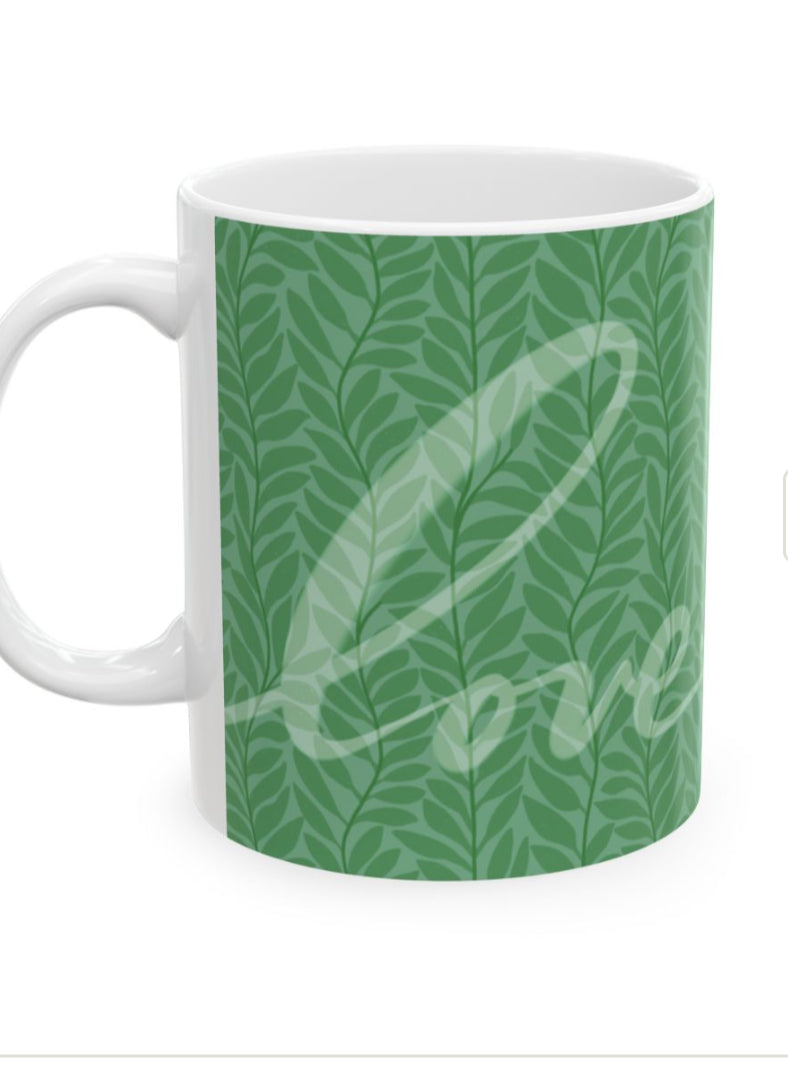 Green Leaf Pattern Ceramic Mug — Nature-Inspired Coffee Cup (11oz)